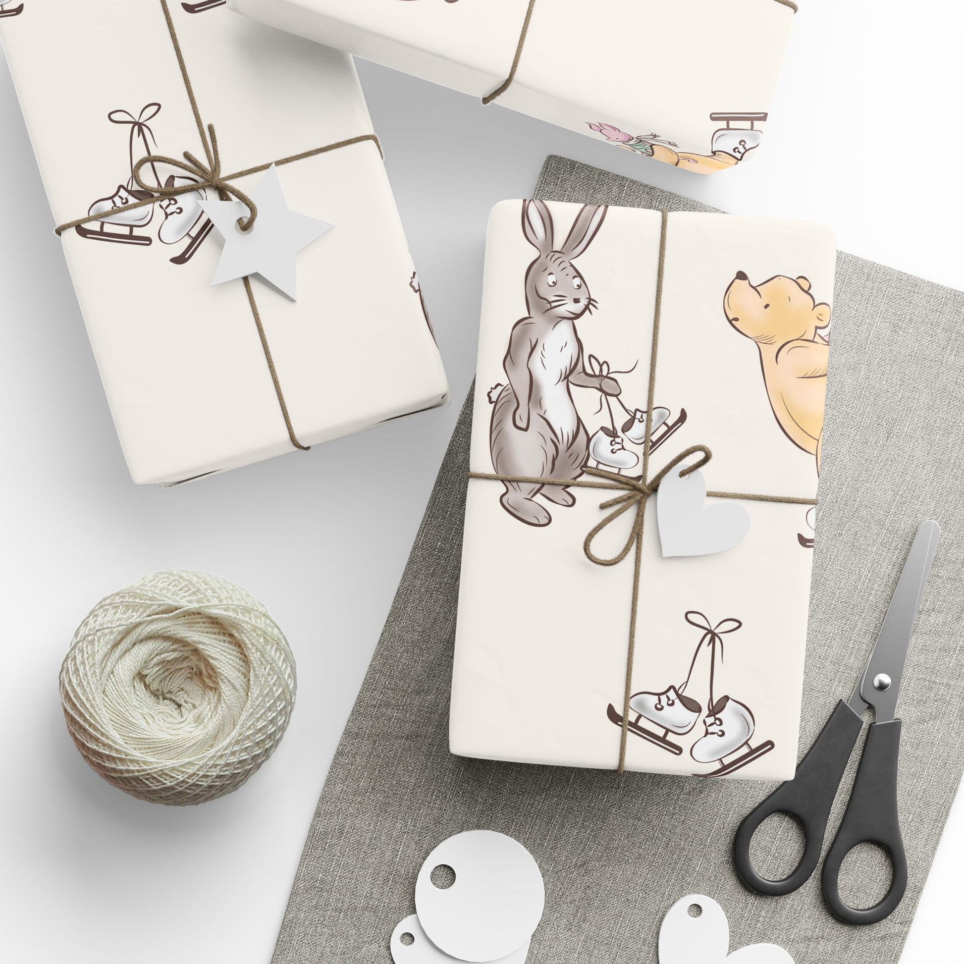 Gift Wrap - Cream Classic Winnie the Pooh with Piglet and Kanga Ice Skating