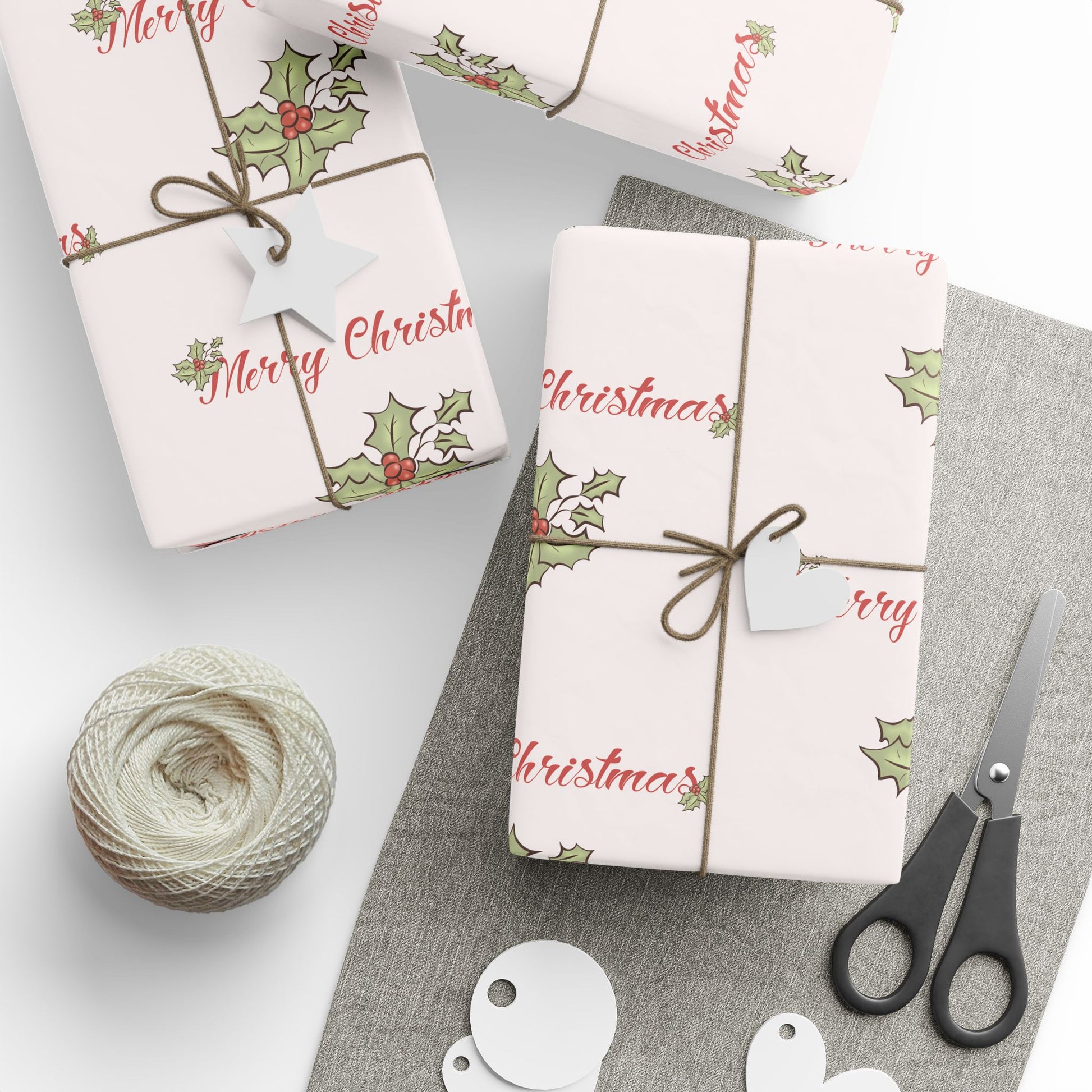 Gift Wrap - Blush Pink Holly Leaf Merry Christmas