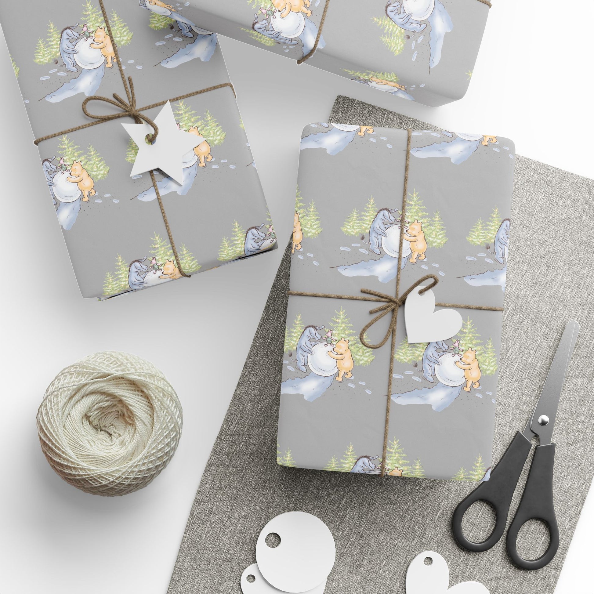 Gift Wrap - Gray Classic Winnie the Pooh Wrapping Paper, Pooh and Eeyore Rolling a Snowball