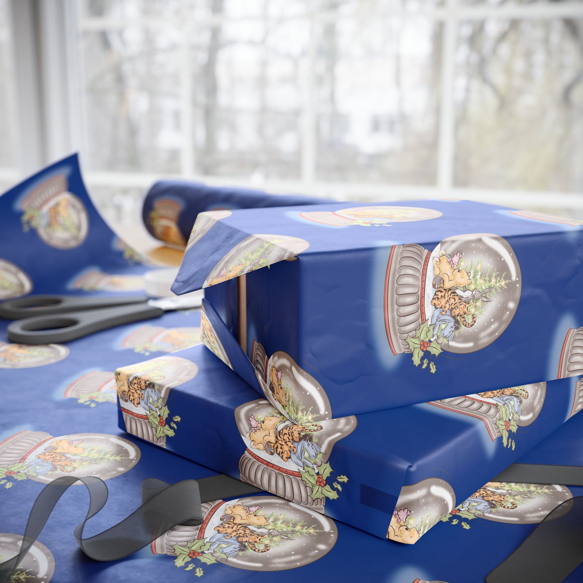 Gift Wrap - Classic Winnie the Pooh Deep Blue Wrapping Paper, Pooh and Friends in a Snow Globe