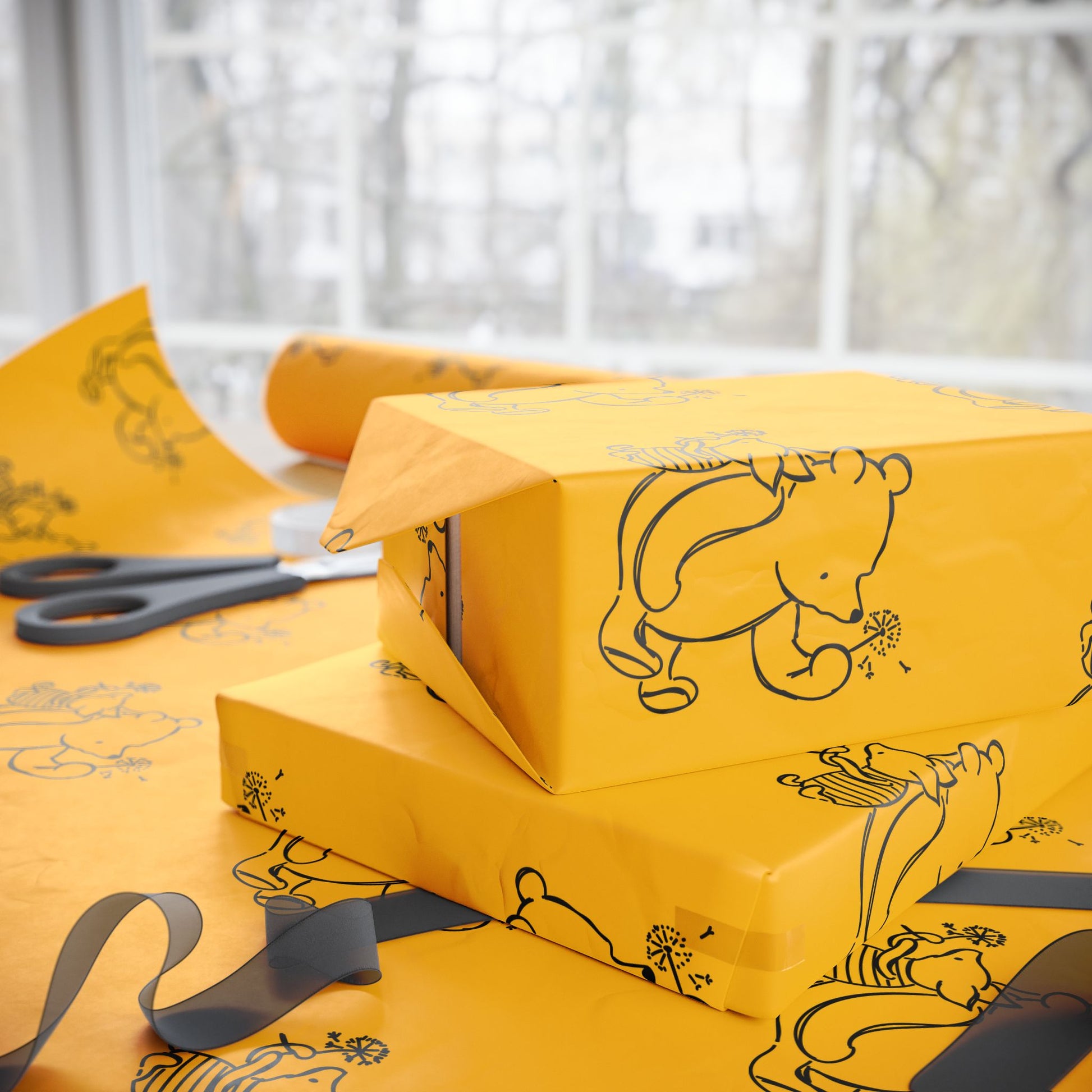 Gift Wrap - Yellow Classic Winnie the Pooh and Piglet Blowing Dandelions