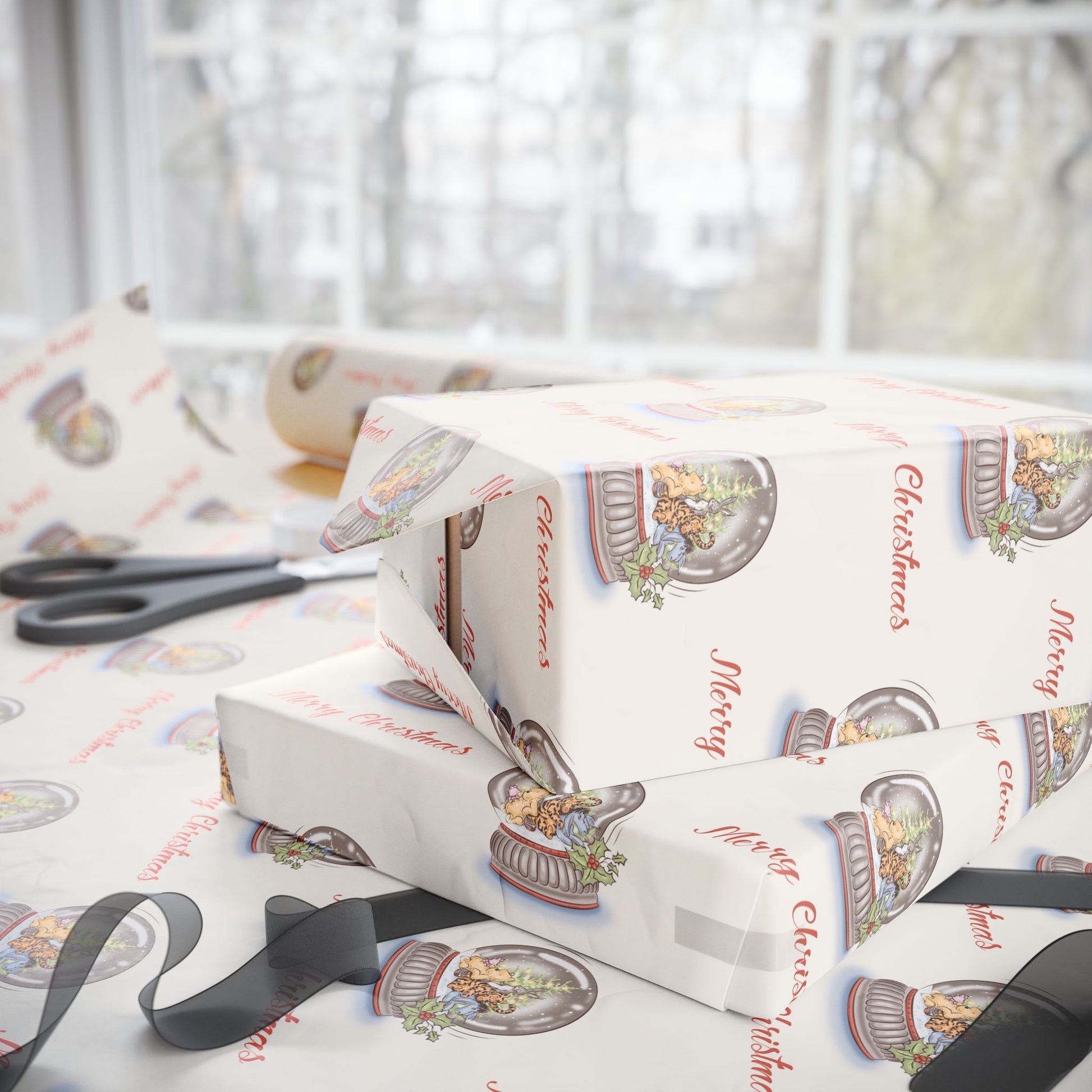 Gift Wrap - Classic Winnie the Pooh Cream Merry Christmas Wrapping Paper with Pooh, Piglet, Eeyore, Kanga, Tigger, and Rabbit in a Snow Globe