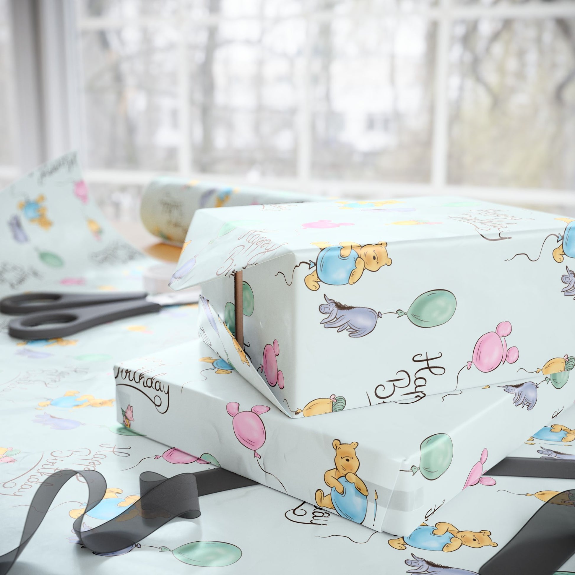 Gift Wrap - Light Blue Classic Winnie the Pooh, Happy Birthday with Pooh, Piglet, and Eeyore on Balloons