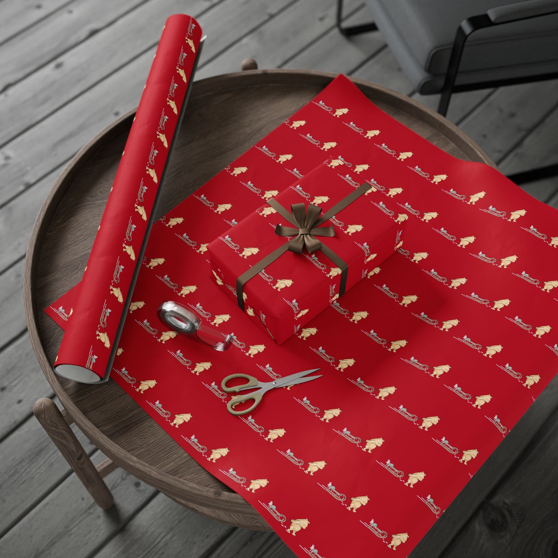 Gift Wrap - Classic Winnie the Pooh Deep Red Wrapping Paper Roll of Pooh Pulling a Sled