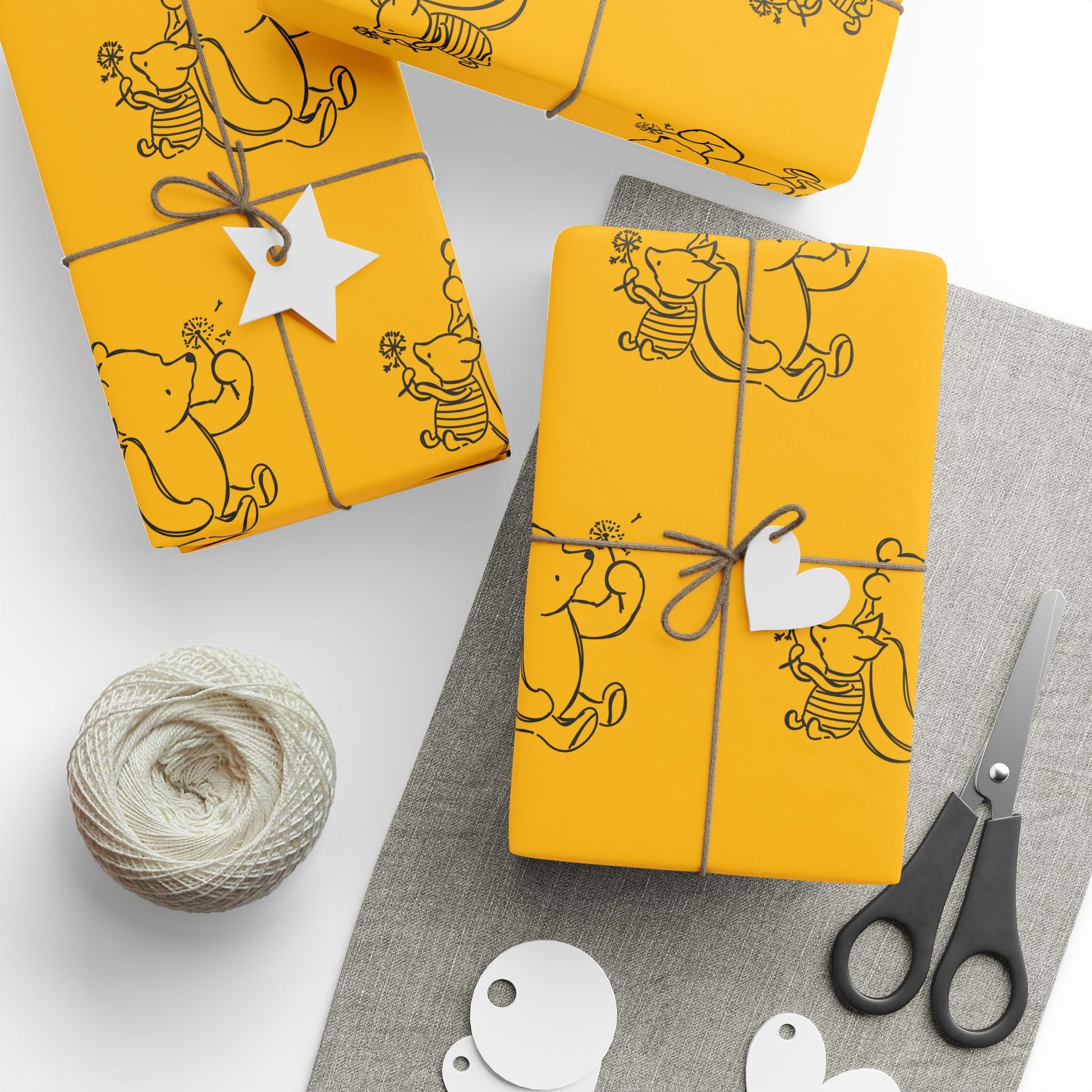 Gift Wrap - Yellow Classic Winnie the Pooh and Piglet Blowing Dandelions