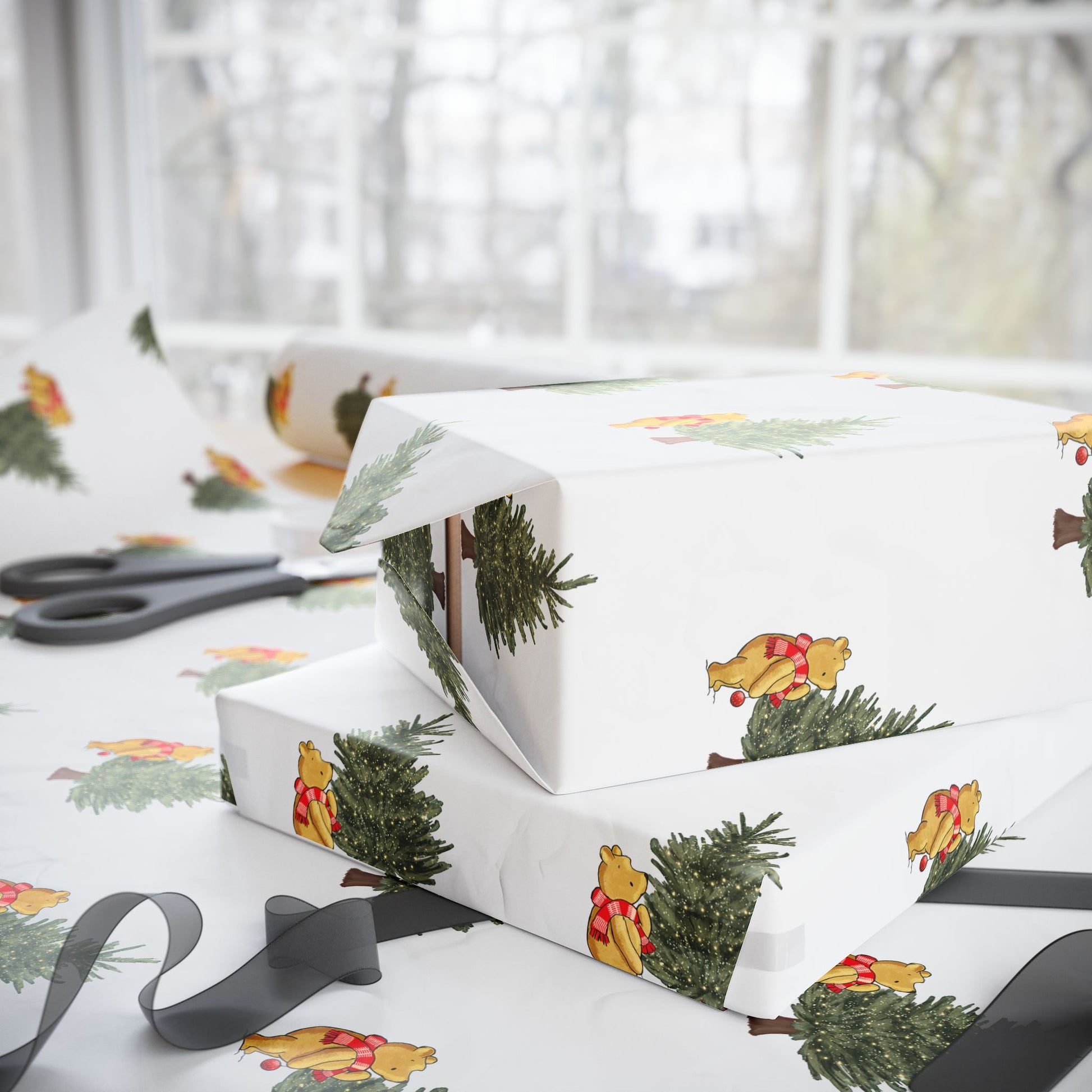 Gift Wrap - Classic Winnie the Pooh White Wrapping Paper with Tree with Lights