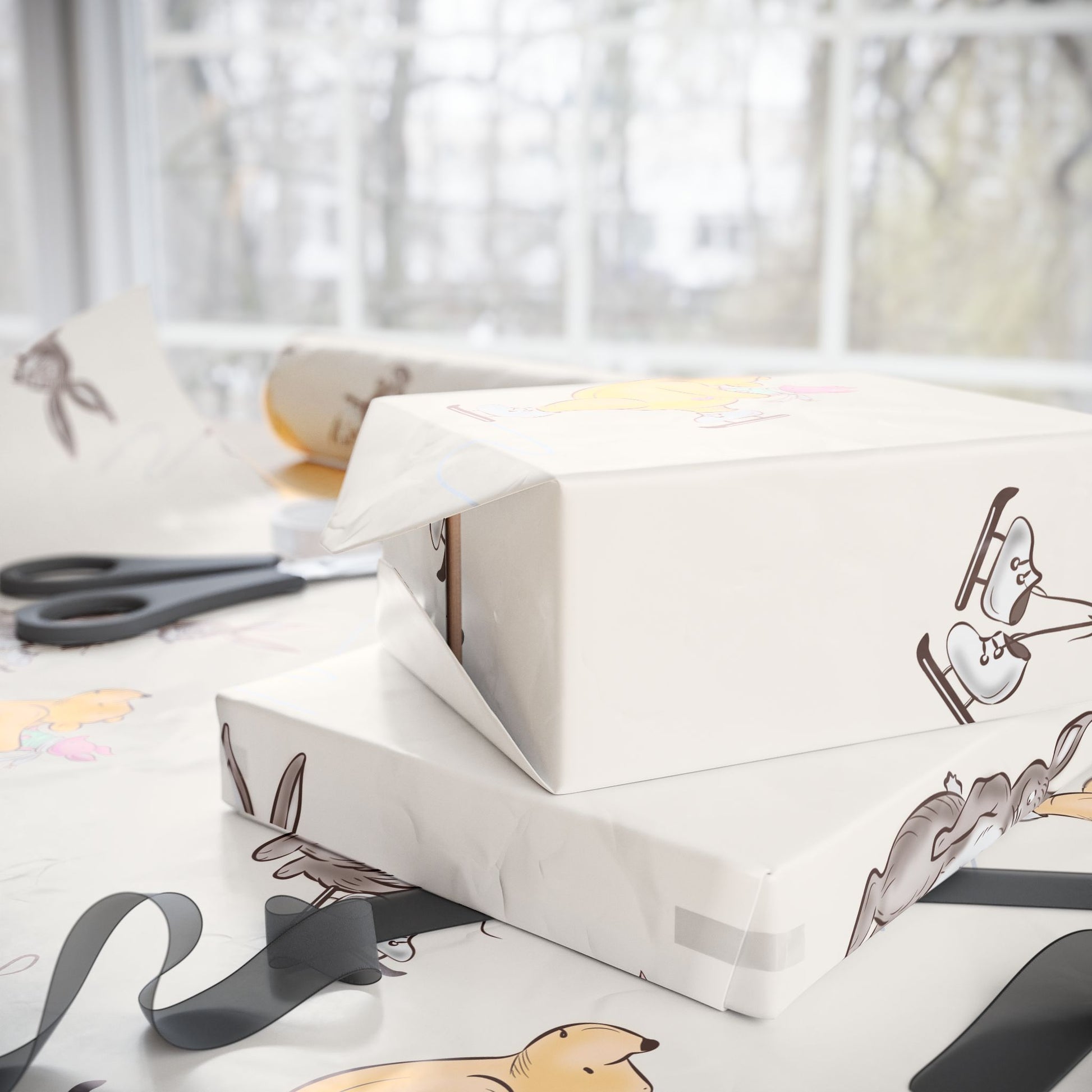 Gift Wrap - Cream Classic Winnie the Pooh with Piglet and Kanga Ice Skating