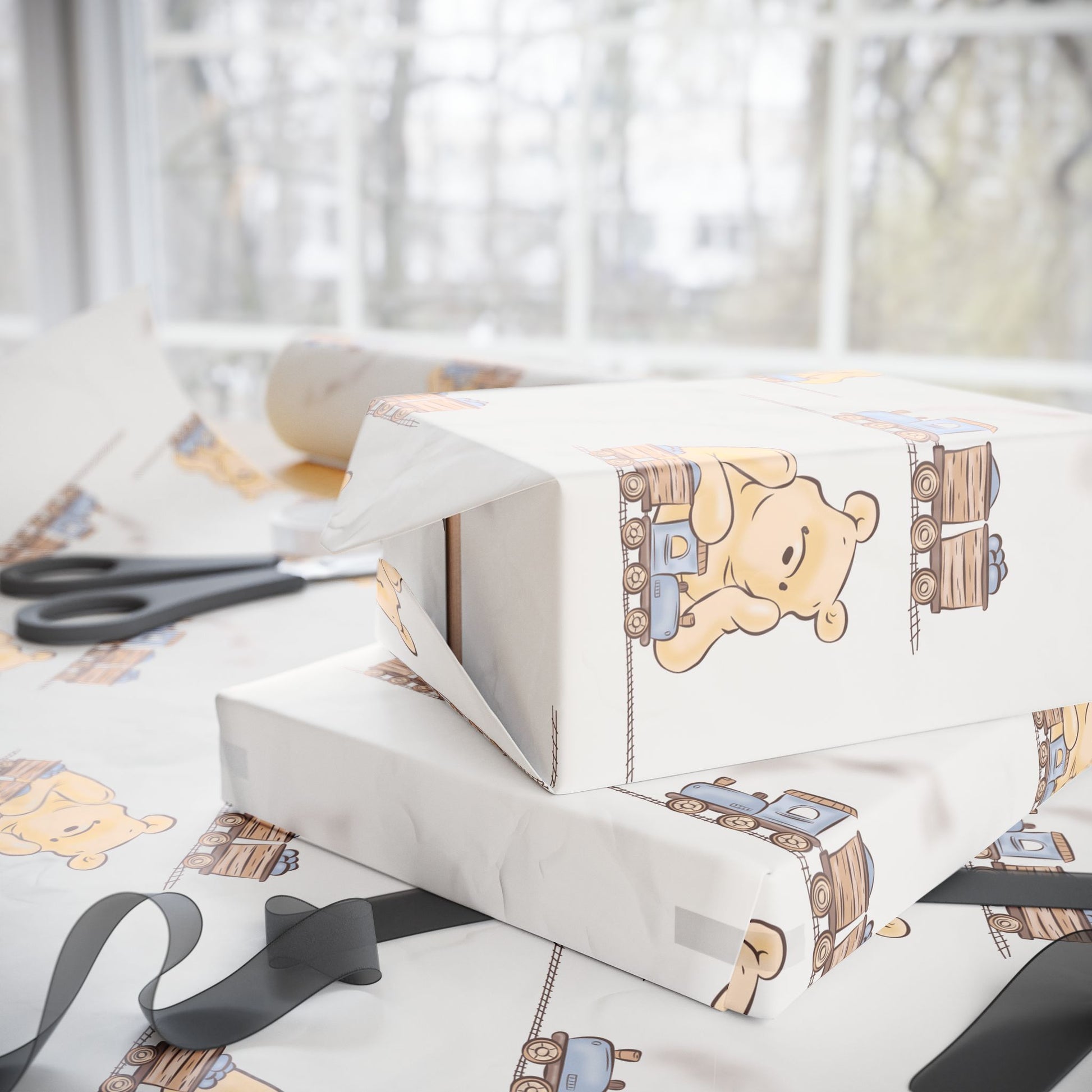 Gift Wrap - Cream Classic Winnie the Pooh playing with a train set