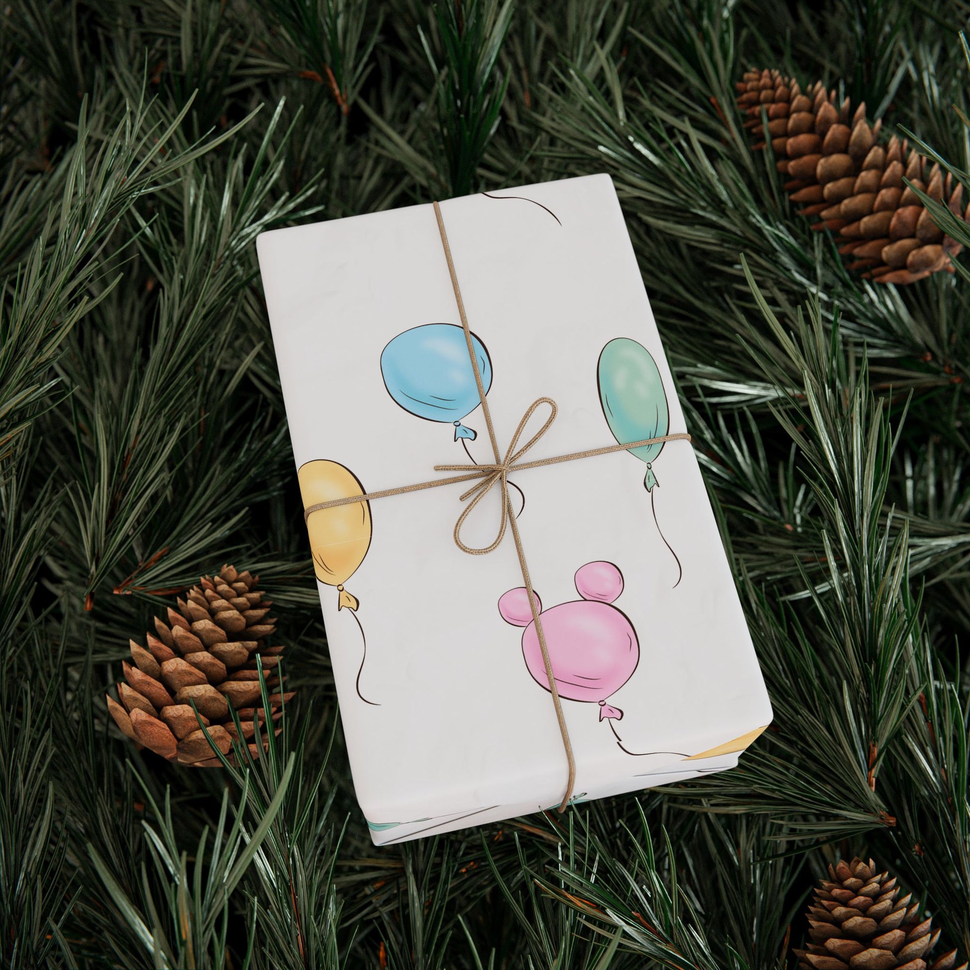 Gift Wrap -  Classic Pooh Pink Ears Blue Green Balloons