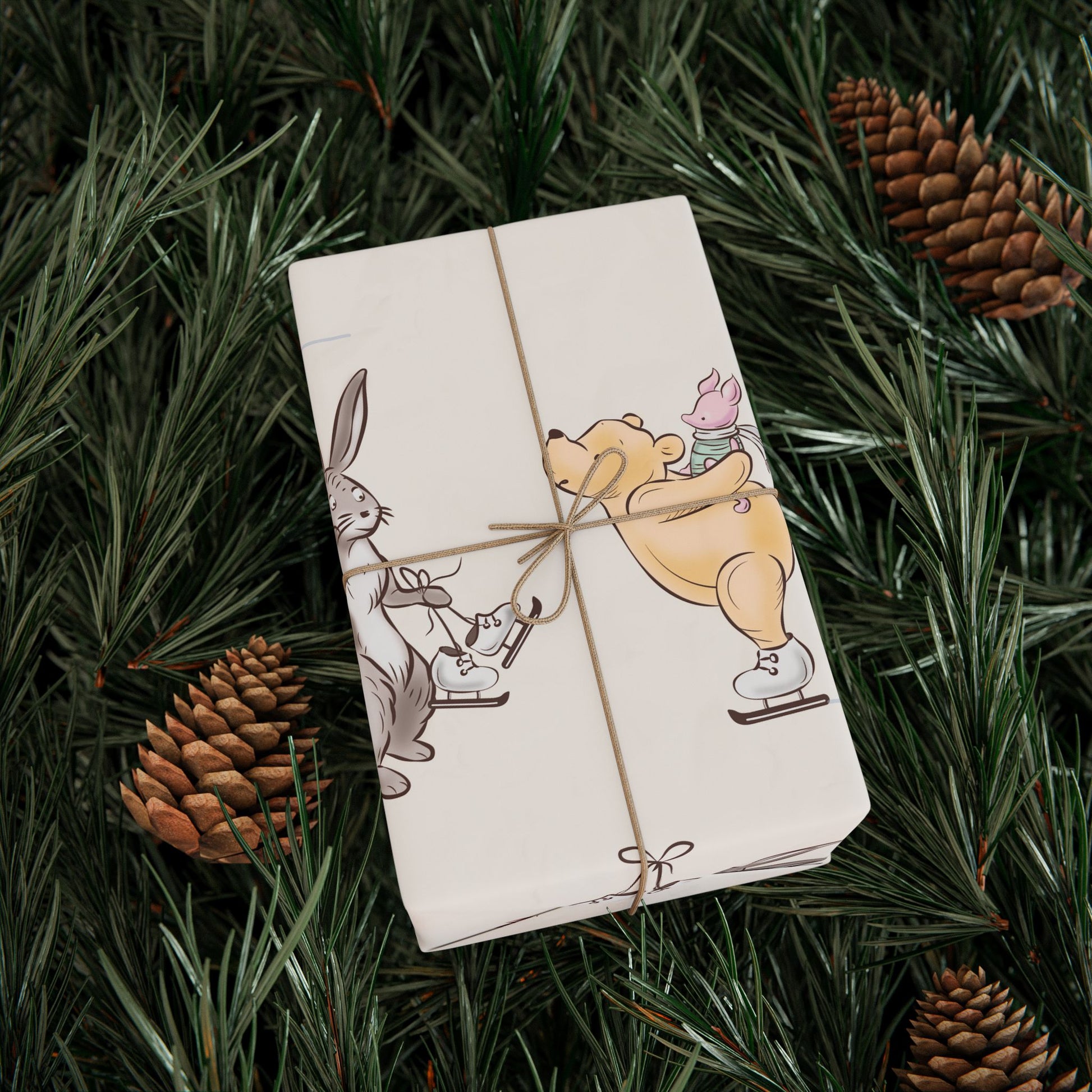 Gift Wrap - Cream Classic Winnie the Pooh with Piglet and Kanga Ice Skating