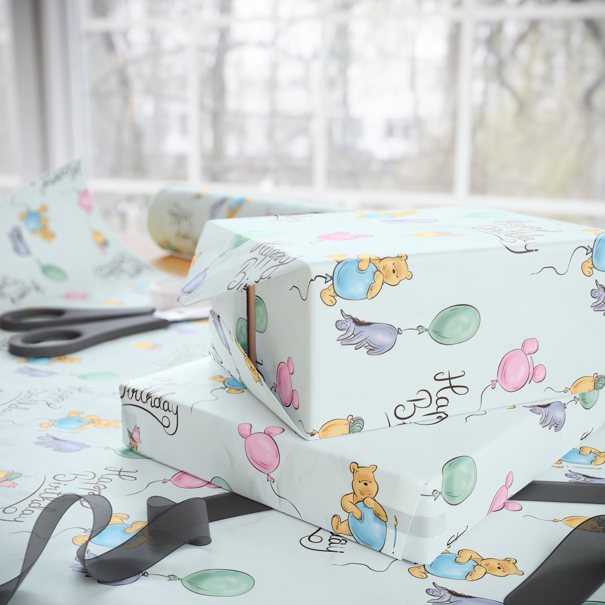 Gift Wrap - Light Blue Classic Winnie the Pooh, Happy Birthday with Pooh, Piglet, and Eeyore on Balloons