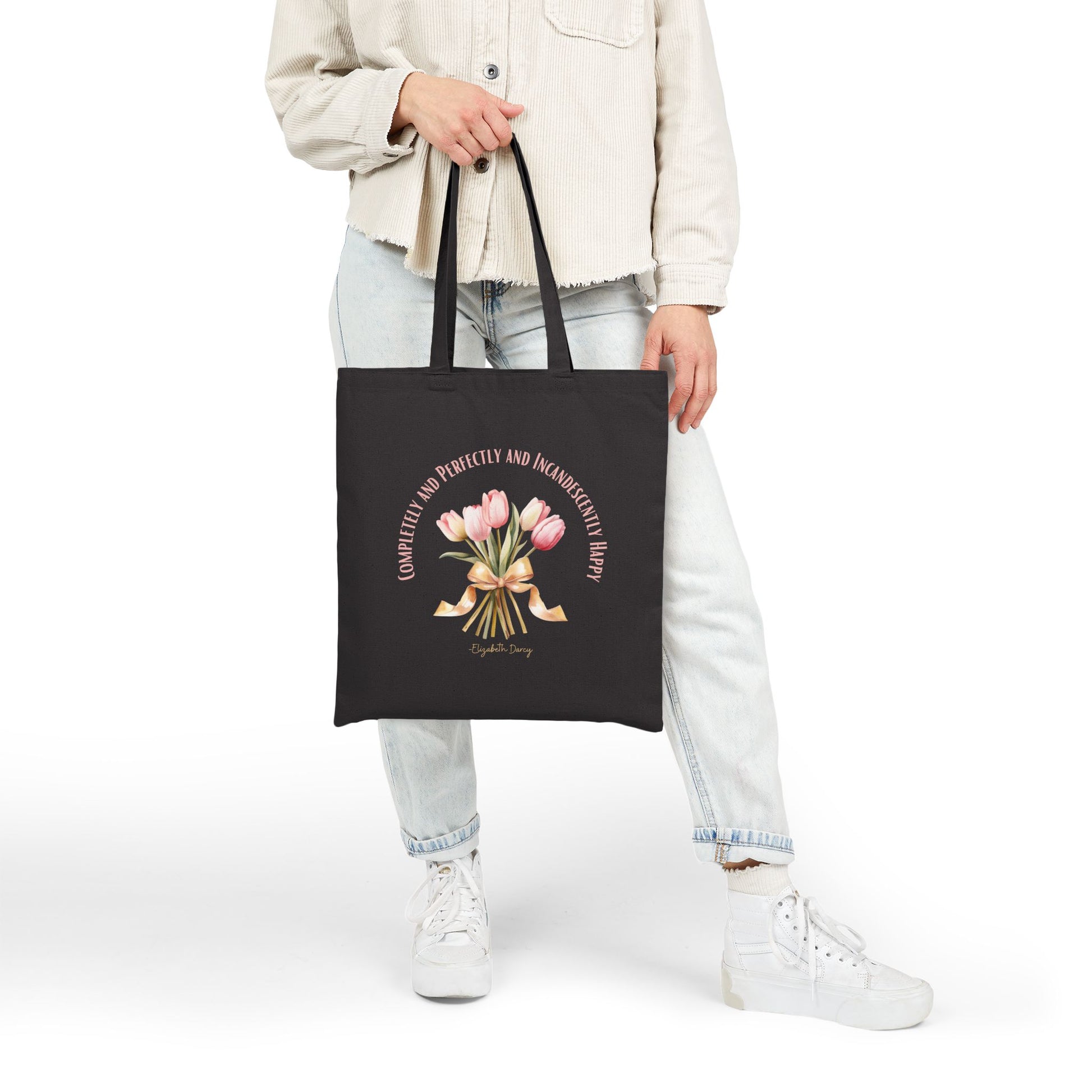 Tote Bag, Literary Quote Canvas Tote Bag, Pride and Prejudice Book Bag, Elizabeth Bennet, Pink Tulip Bouquet, Gold Ribbon, Shopping Bag, Reusable