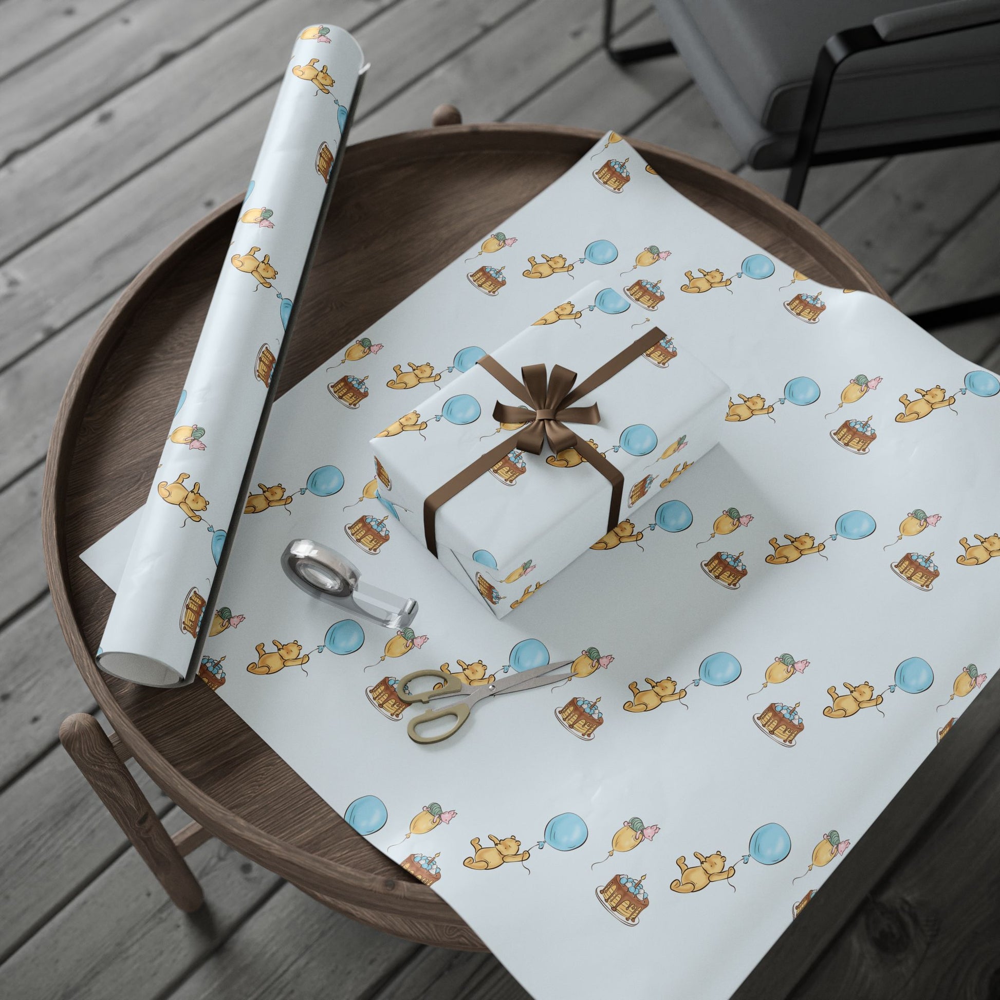 Gift Wrap - Classic Winnie the Pooh in Baby Blue with Happy Birthday, Pooh, Piglet, Balloons, a Cake on a Table with a Candle