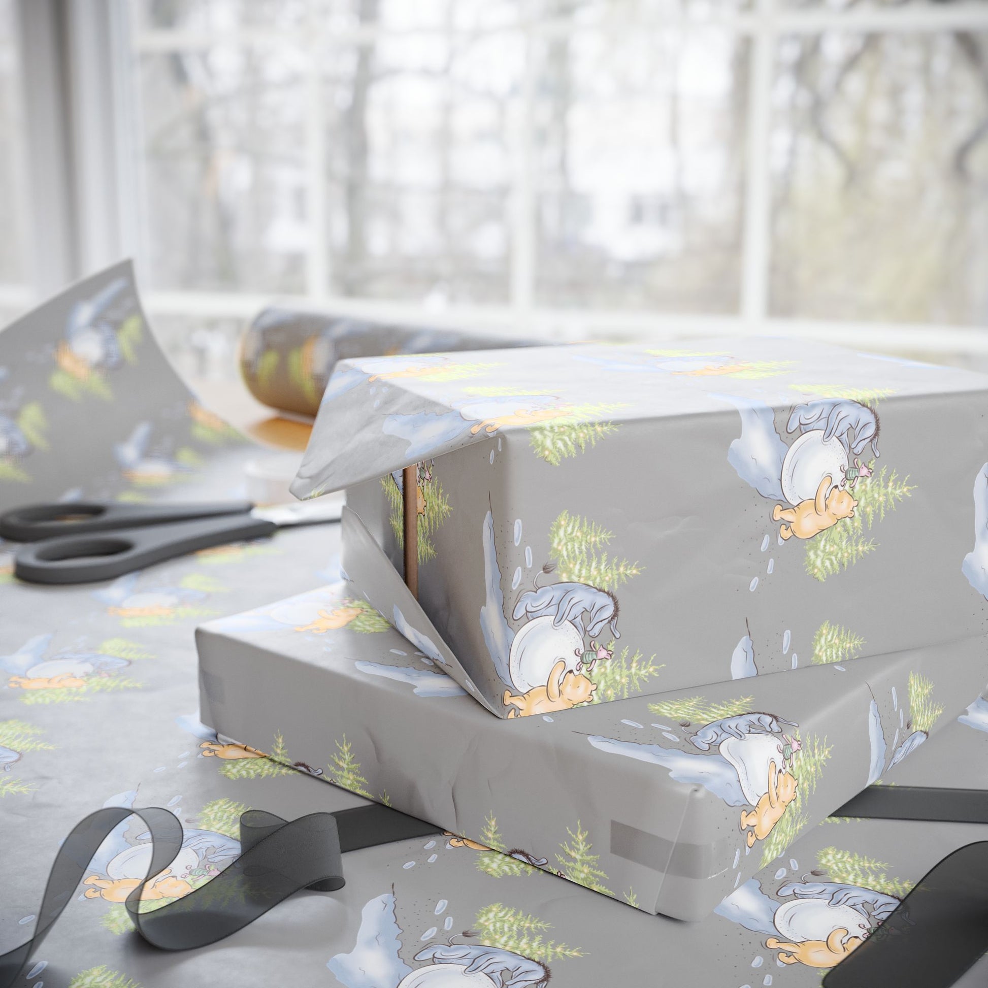 Gift Wrap - Gray Classic Winnie the Pooh Wrapping Paper, Pooh and Eeyore Rolling a Snowball