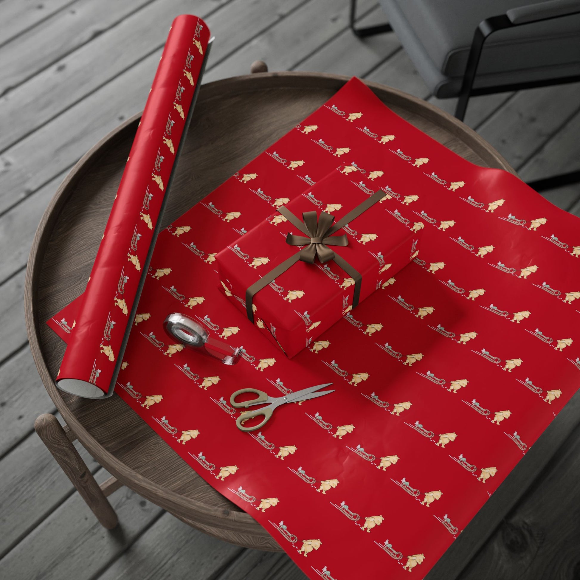 Gift Wrap - Classic Winnie the Pooh Deep Red Wrapping Paper Roll of Pooh Pulling a Sled