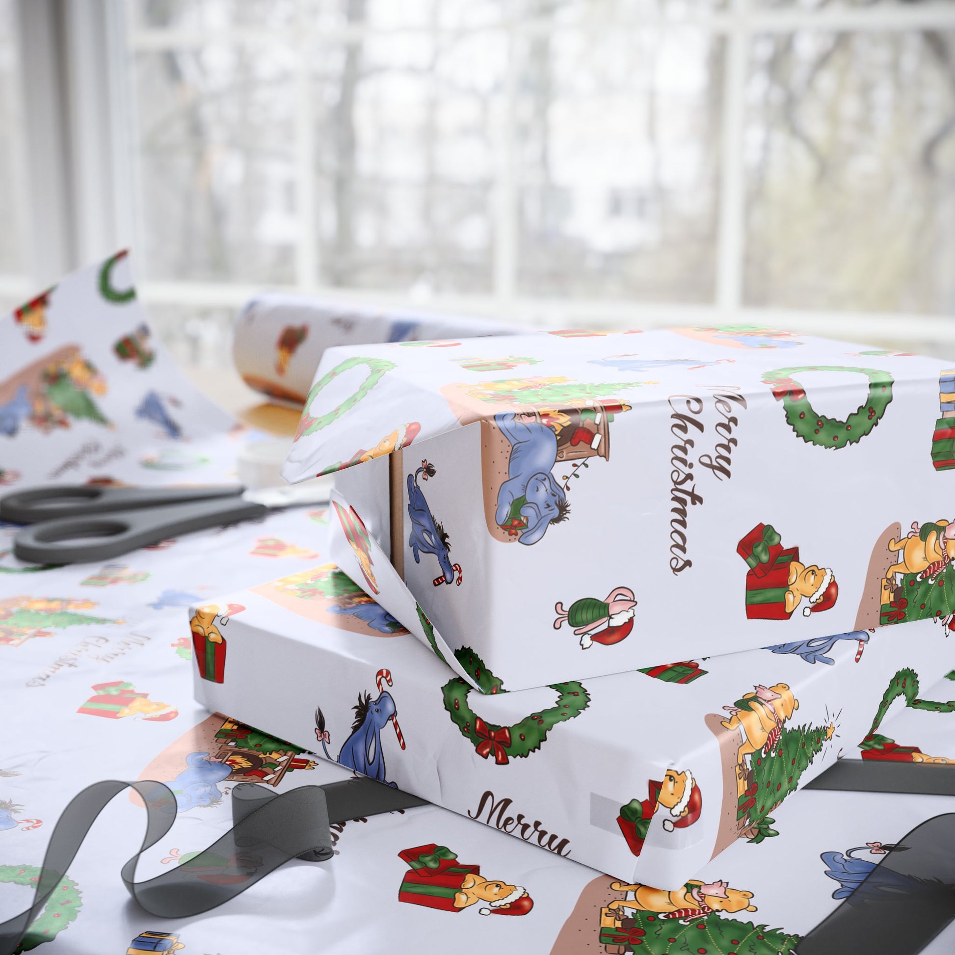 Gift Wrap - Classic Winnie the Pooh Merry Christmas with Pooh, Piglet, Eeyore, and Tigger