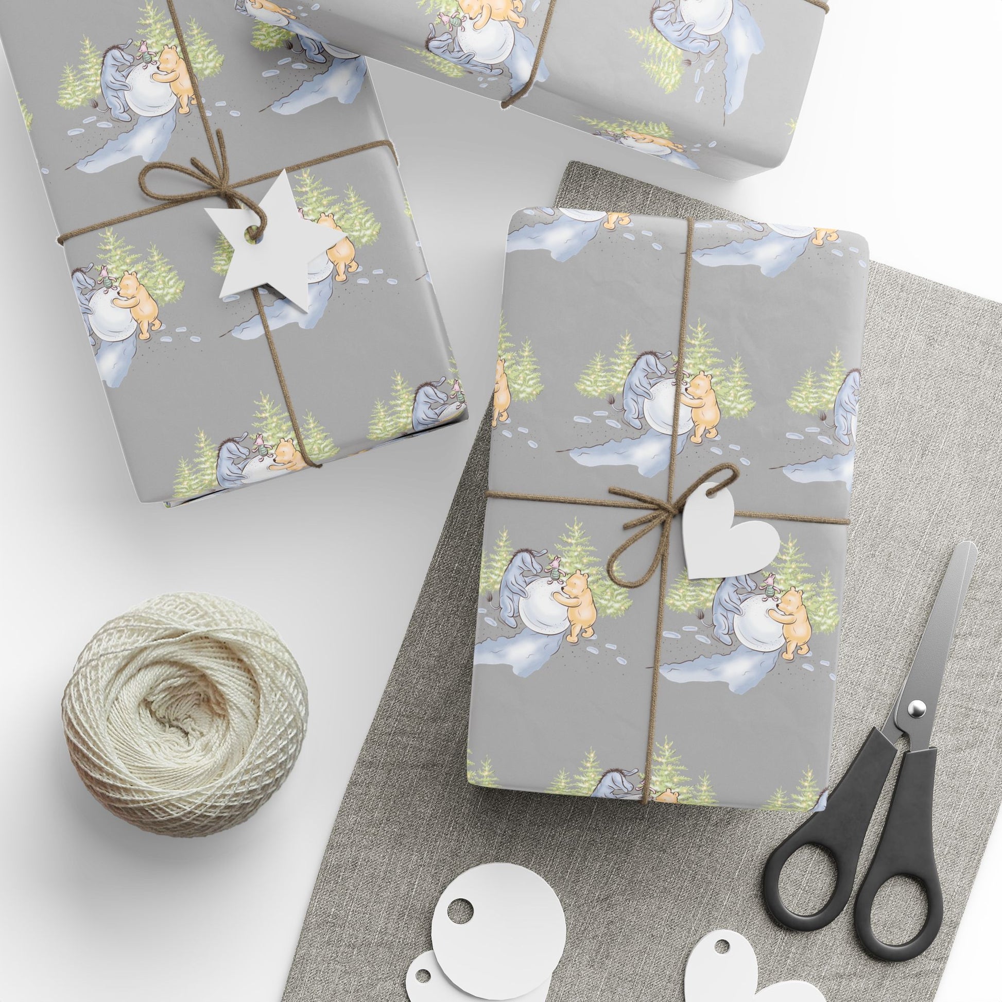 Gift Wrap - Gray Classic Winnie the Pooh Wrapping Paper, Pooh and Eeyore Rolling a Snowball