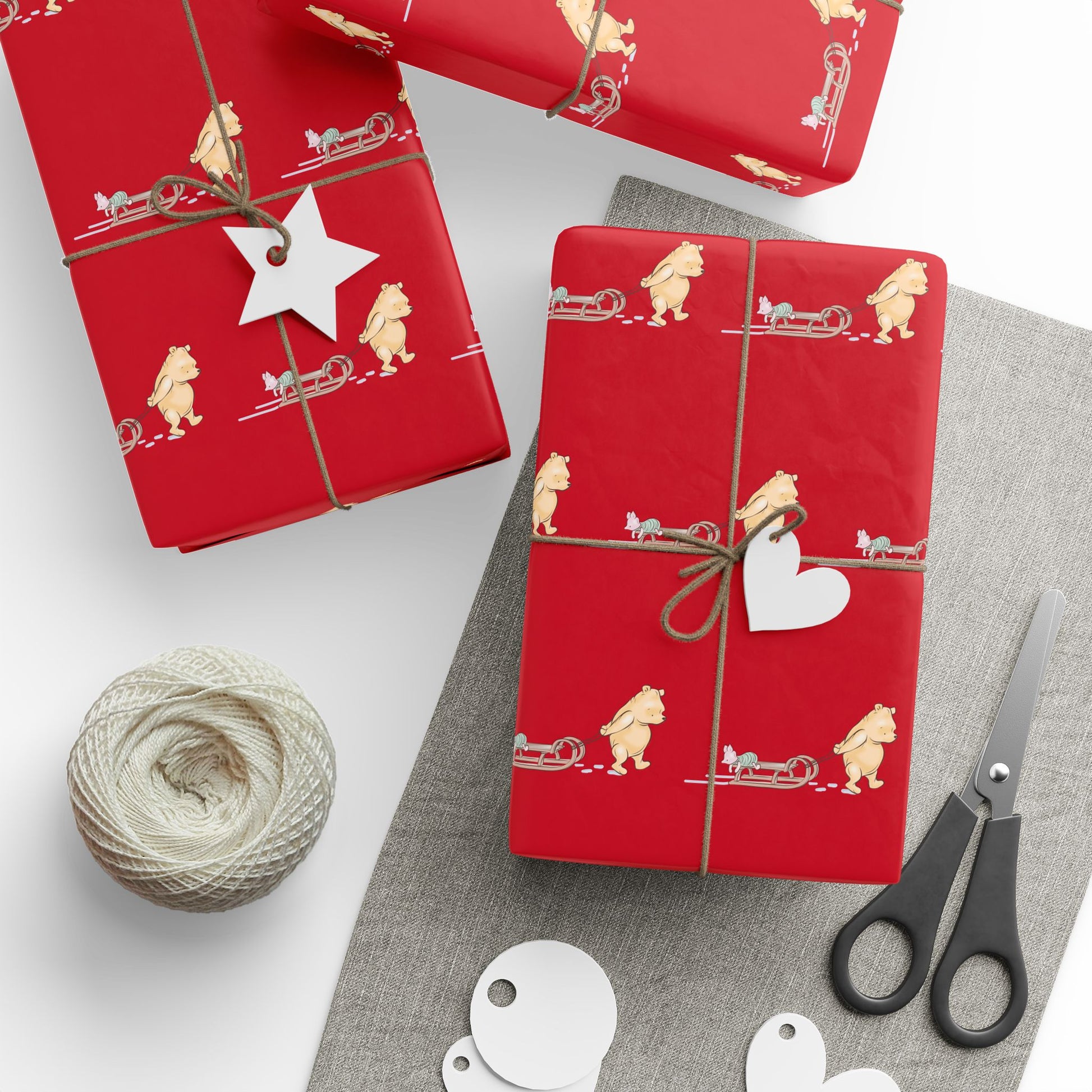 Gift Wrap - Classic Winnie the Pooh Deep Red Wrapping Paper Roll of Pooh Pulling a Sled