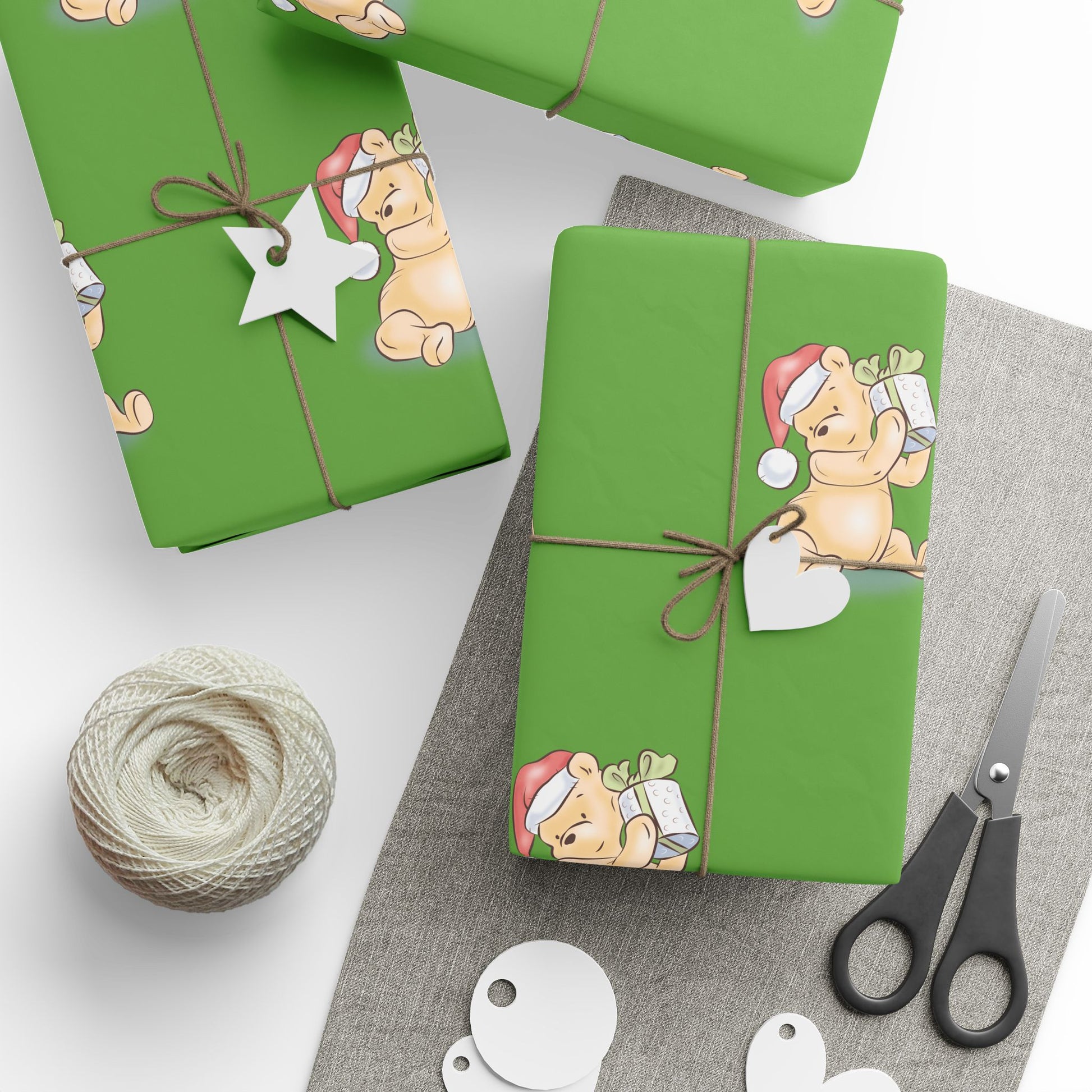 Gift Wrap - Green Classic Winnie the Pooh Watercolor Wrapping Paper, Pooh Holding a Present