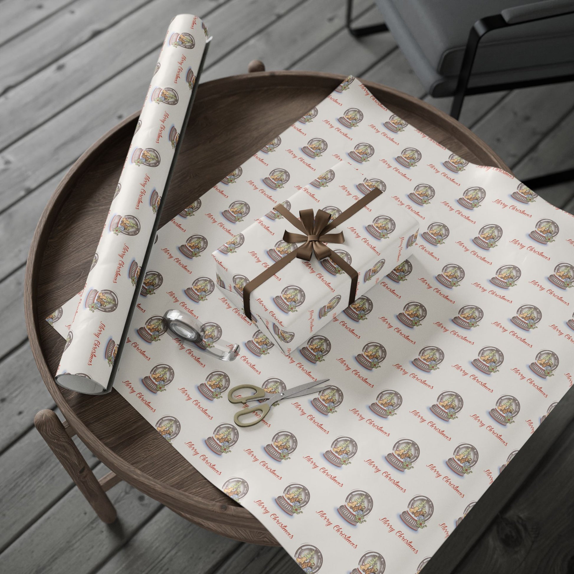 Gift Wrap - Classic Winnie the Pooh Cream Merry Christmas Wrapping Paper with Pooh, Piglet, Eeyore, Kanga, Tigger, and Rabbit in a Snow Globe