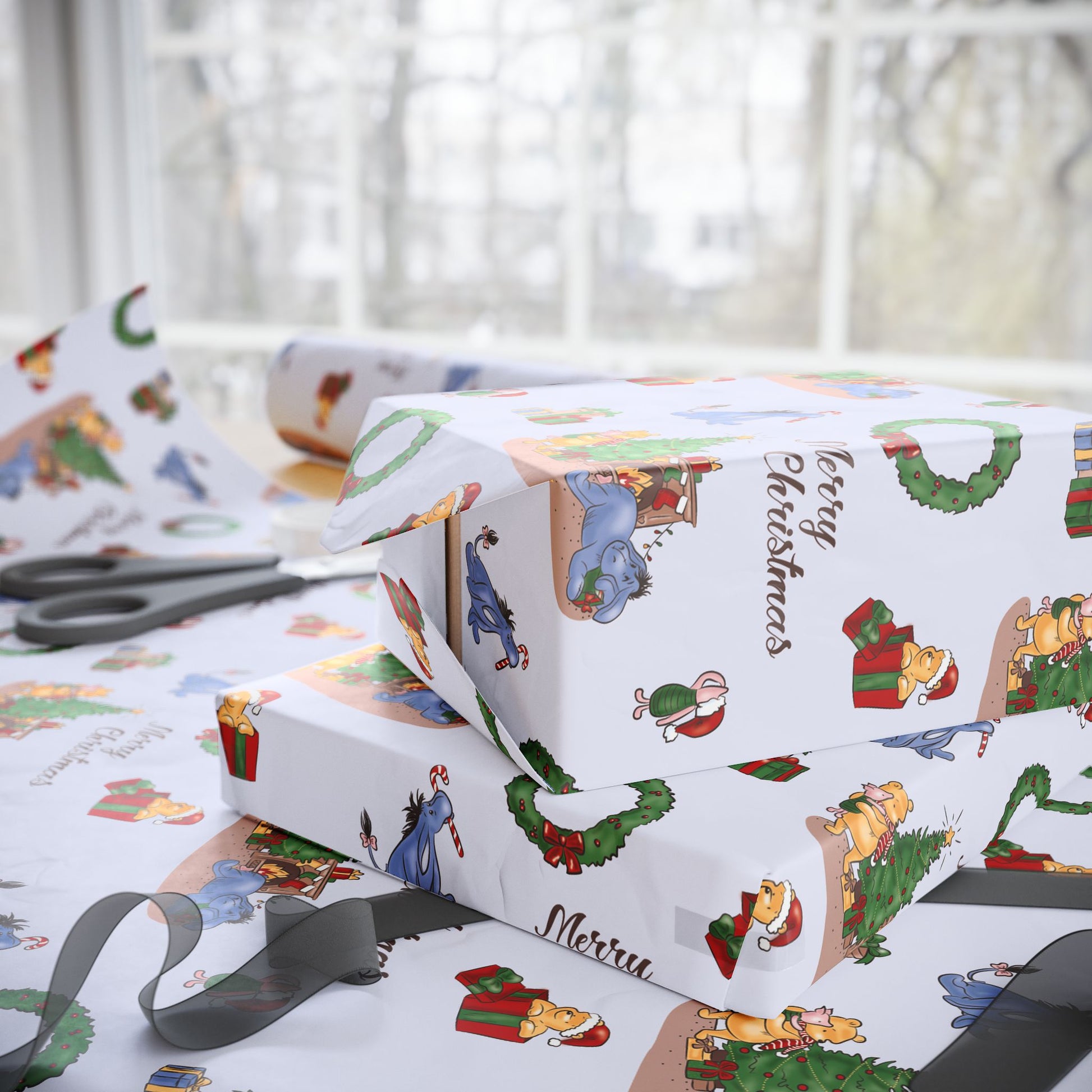 Gift Wrap - Classic Winnie the Pooh Merry Christmas with Pooh, Piglet, Eeyore, and Tigger