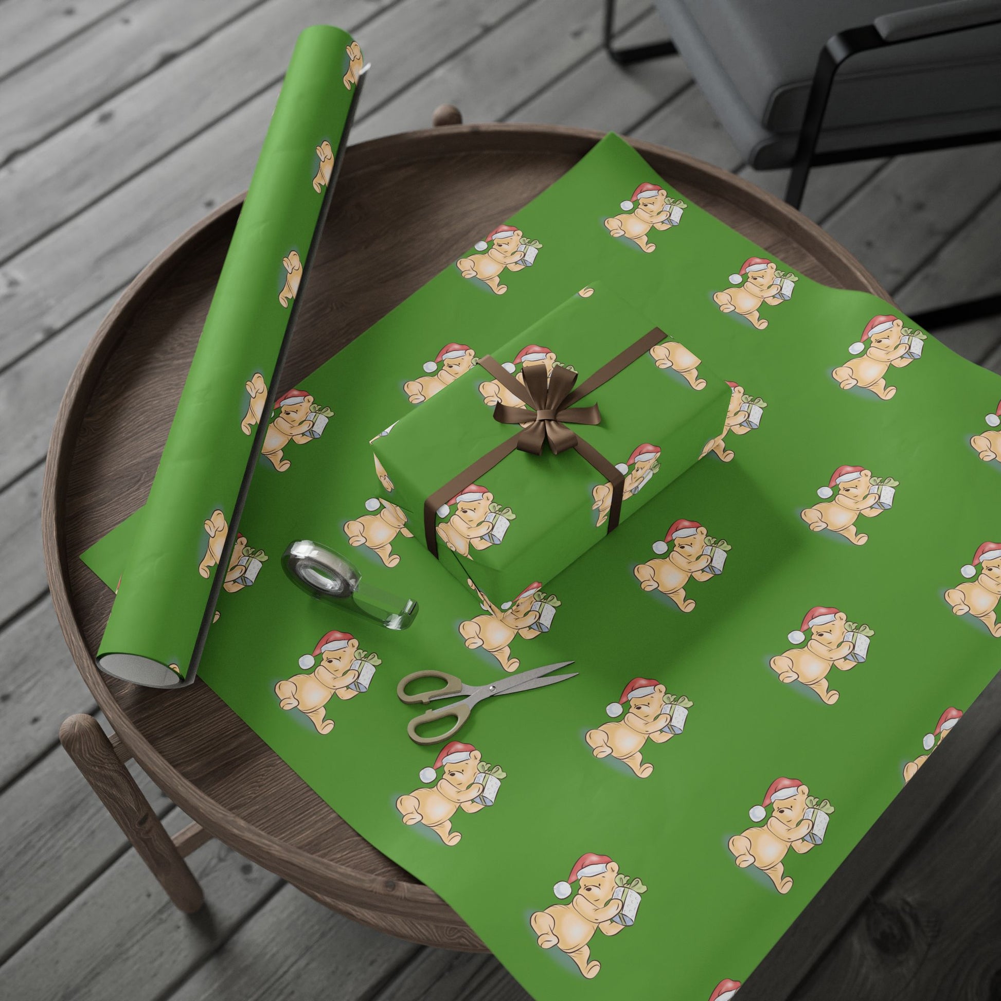 Gift Wrap - Green Classic Winnie the Pooh Watercolor Wrapping Paper, Pooh Holding a Present