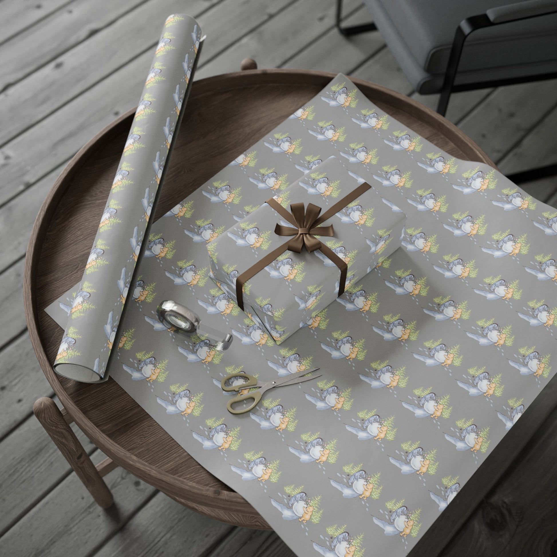 Gift Wrap - Gray Classic Winnie the Pooh Wrapping Paper, Pooh and Eeyore Rolling a Snowball