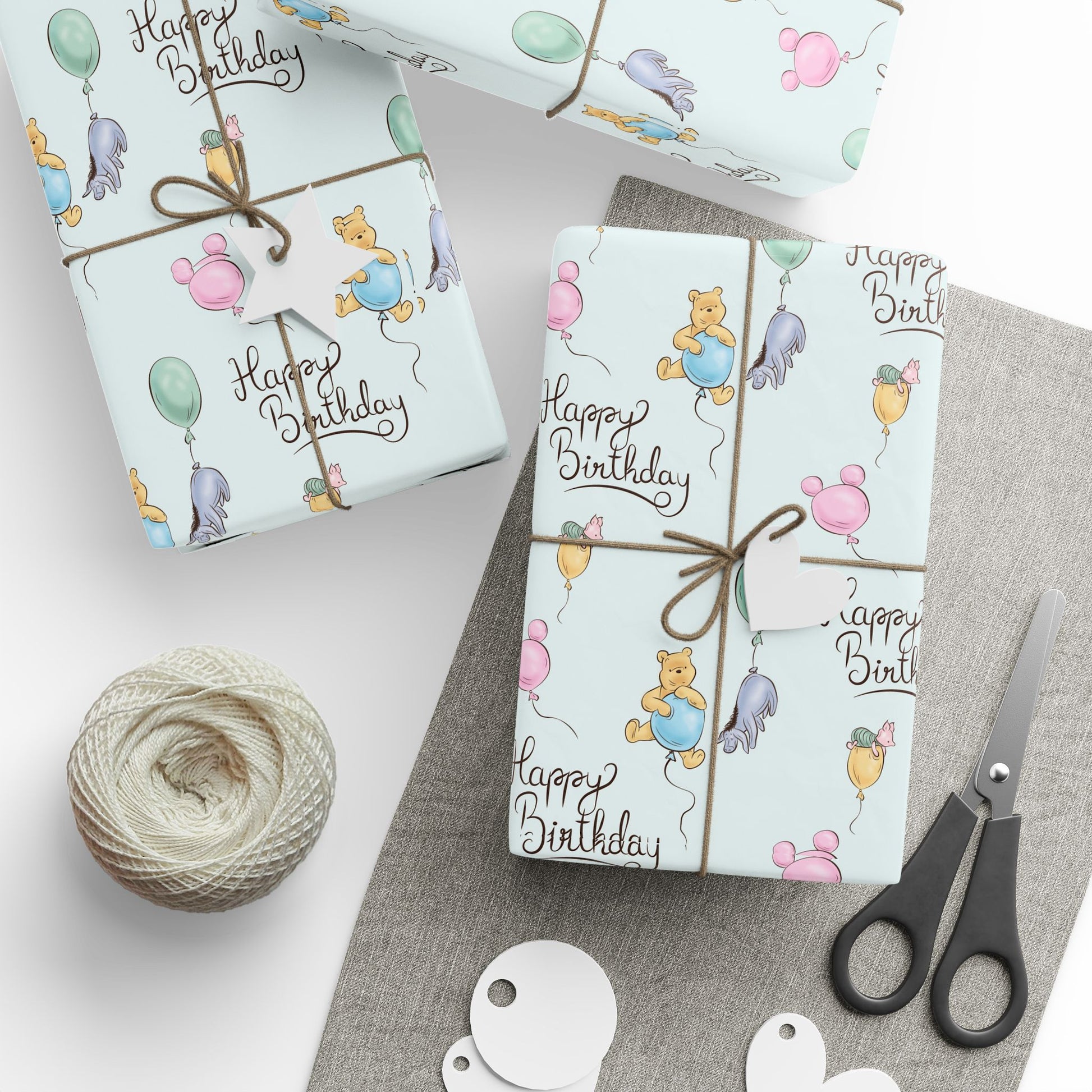 Gift Wrap - Light Blue Classic Winnie the Pooh, Happy Birthday with Pooh, Piglet, and Eeyore on Balloons
