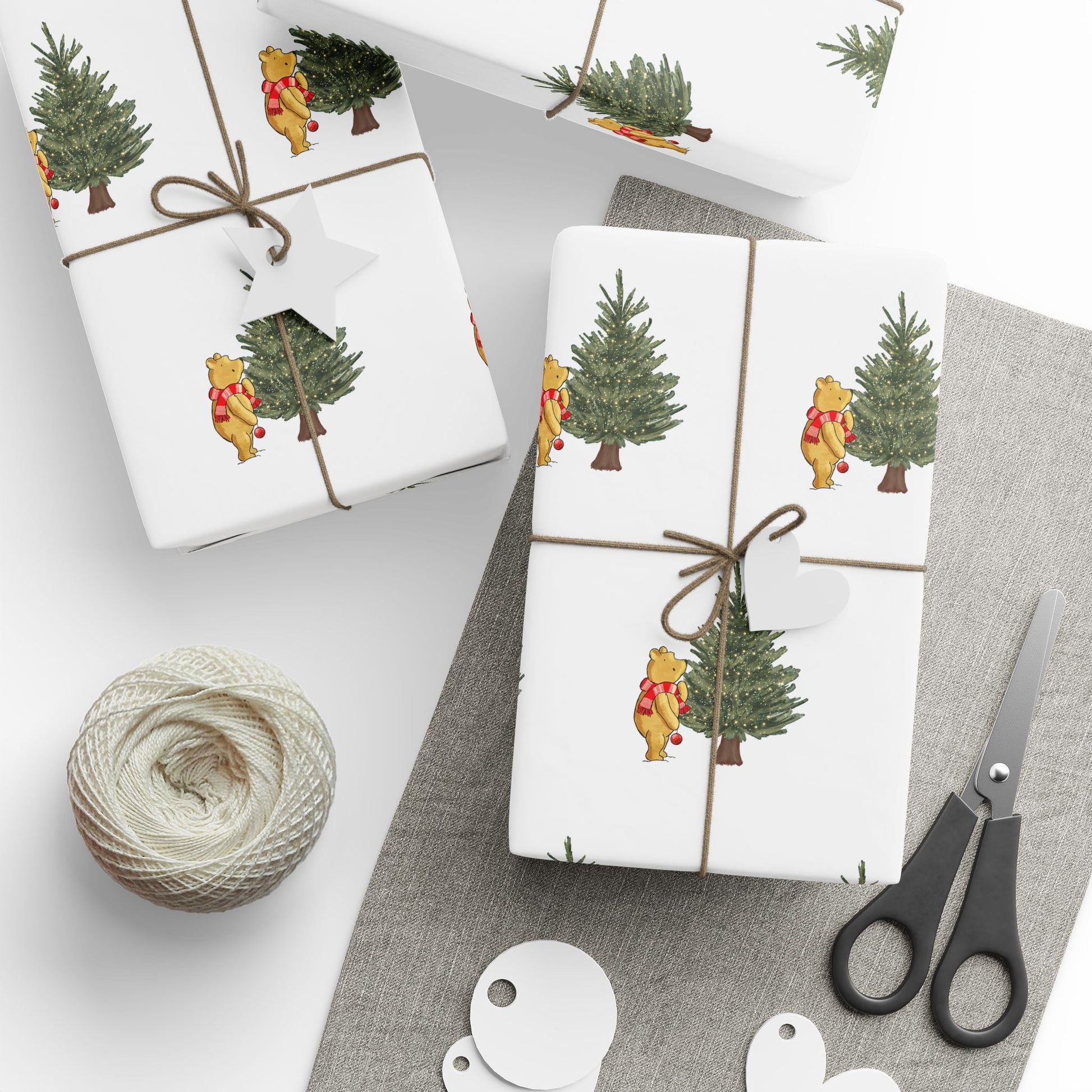 Gift Wrap - Classic Winnie the Pooh White Wrapping Paper with Tree with Lights