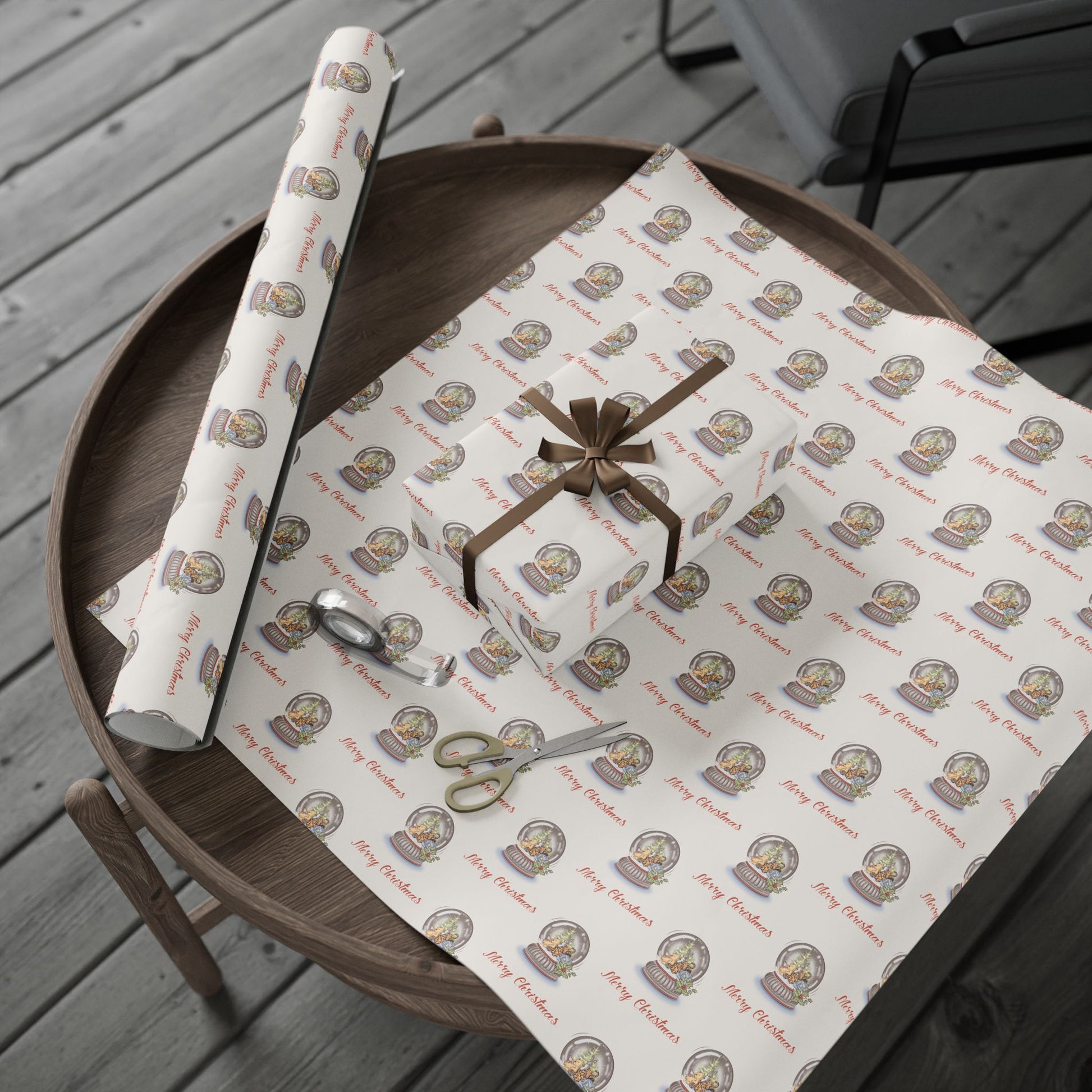 Gift Wrap - Classic Winnie the Pooh Cream Merry Christmas Wrapping Paper with Pooh, Piglet, Eeyore, Kanga, Tigger, and Rabbit in a Snow Globe