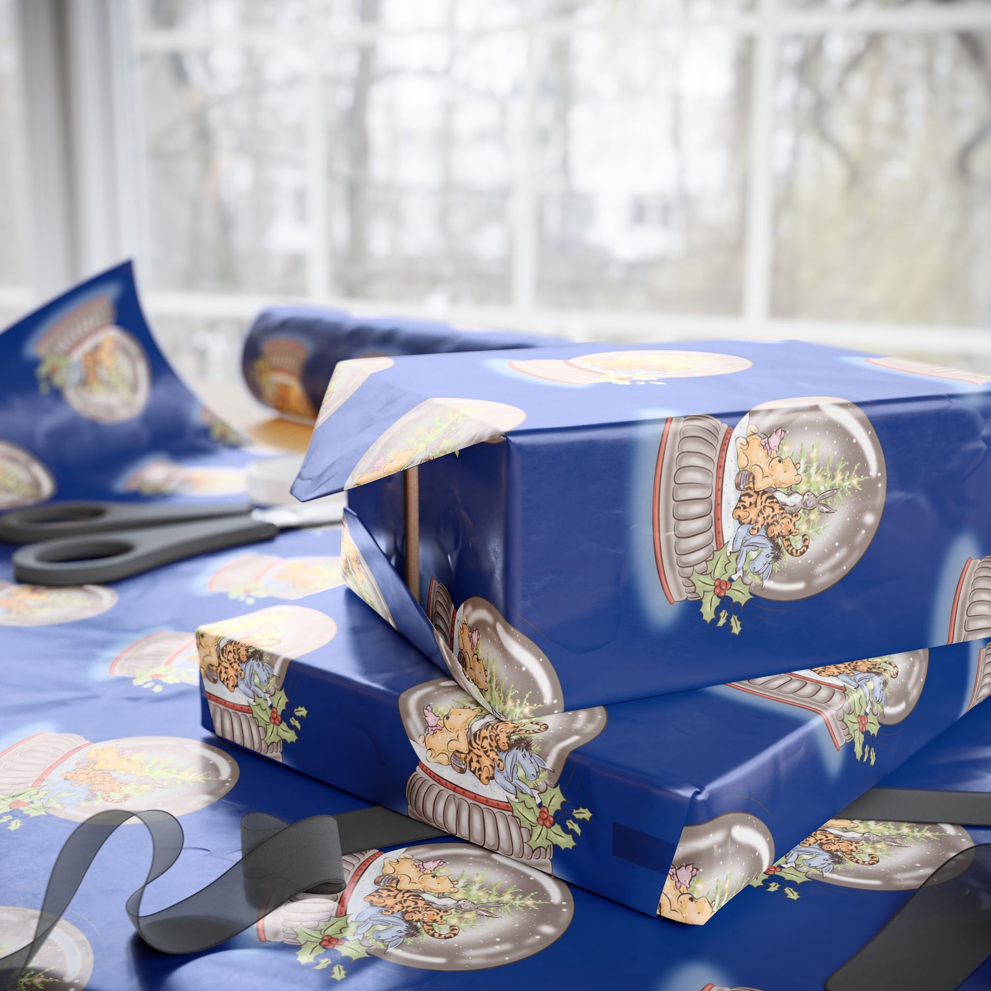 Gift Wrap - Classic Winnie the Pooh Deep Blue Wrapping Paper, Pooh and Friends in a Snow Globe