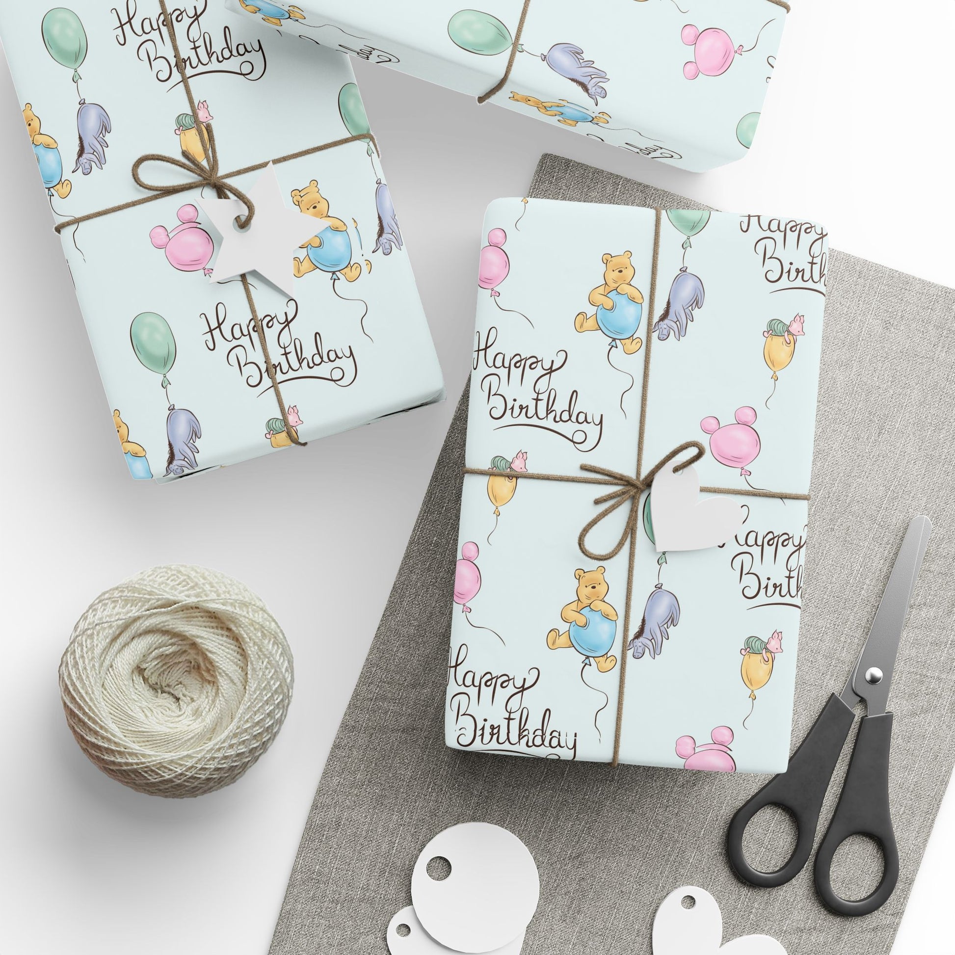 Gift Wrap - Light Blue Classic Winnie the Pooh, Happy Birthday with Pooh, Piglet, and Eeyore on Balloons