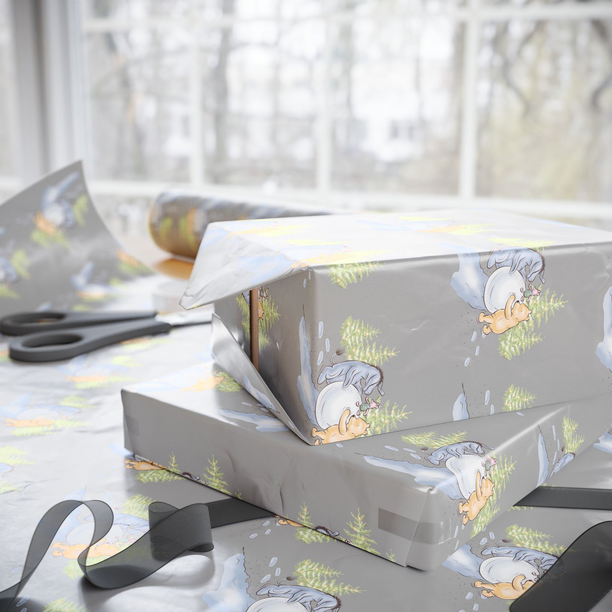 Gift Wrap - Gray Classic Winnie the Pooh Wrapping Paper, Pooh and Eeyore Rolling a Snowball