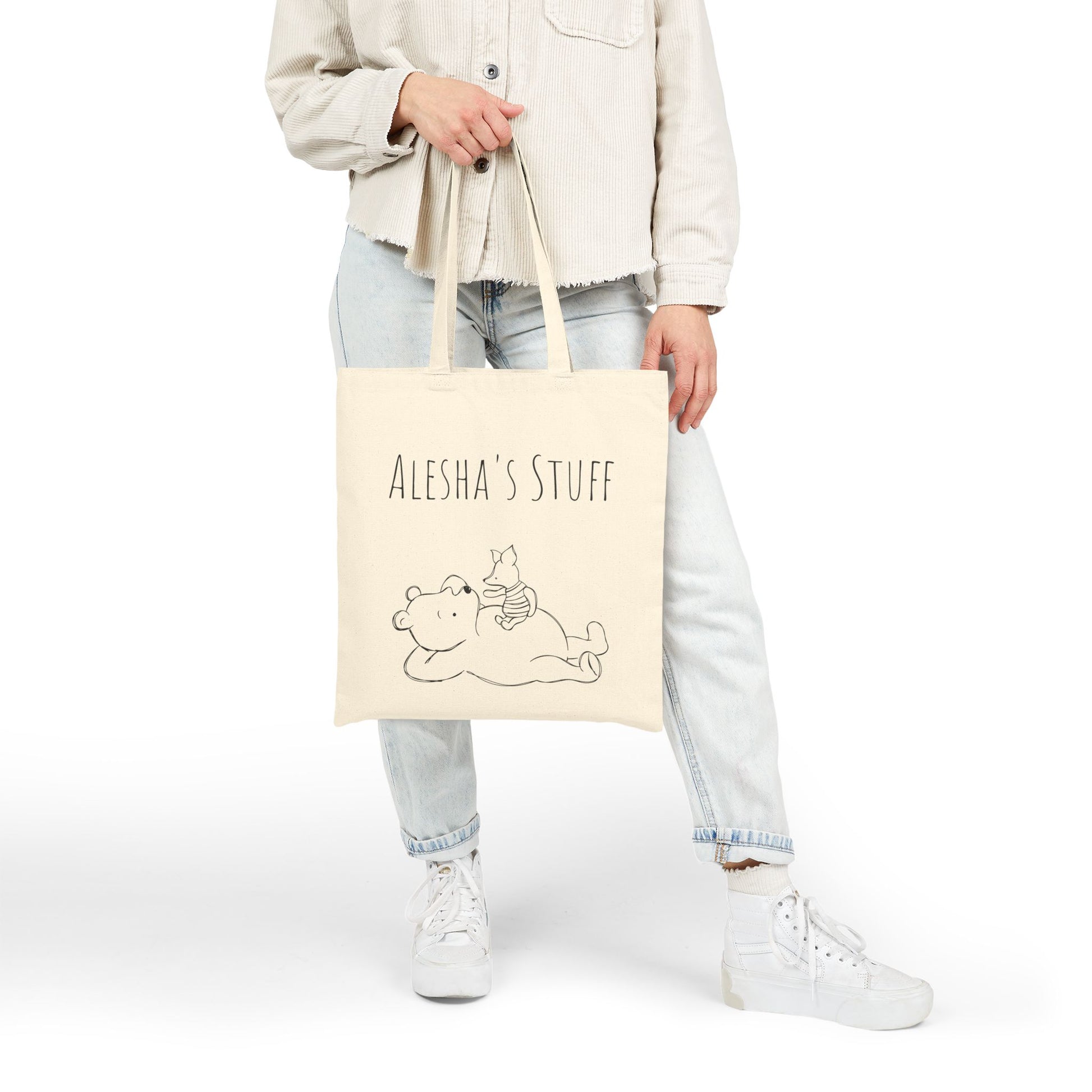 Tote Bag, Classic Pooh Piglet Chillin Canvas Tote Bag, Personalized Tote Bag, Custom Name Bag, Neutral Tote Bag, Gift for Winnie Fans,Classic