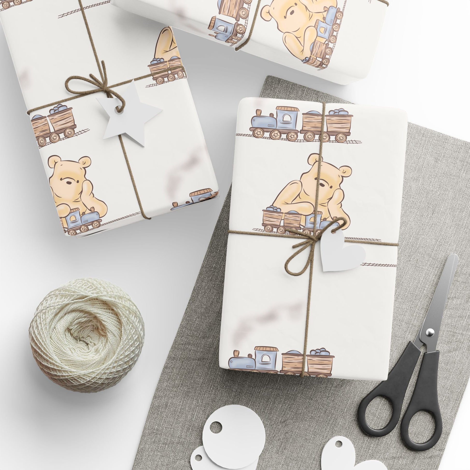 Gift Wrap - Cream Classic Winnie the Pooh playing with a train set