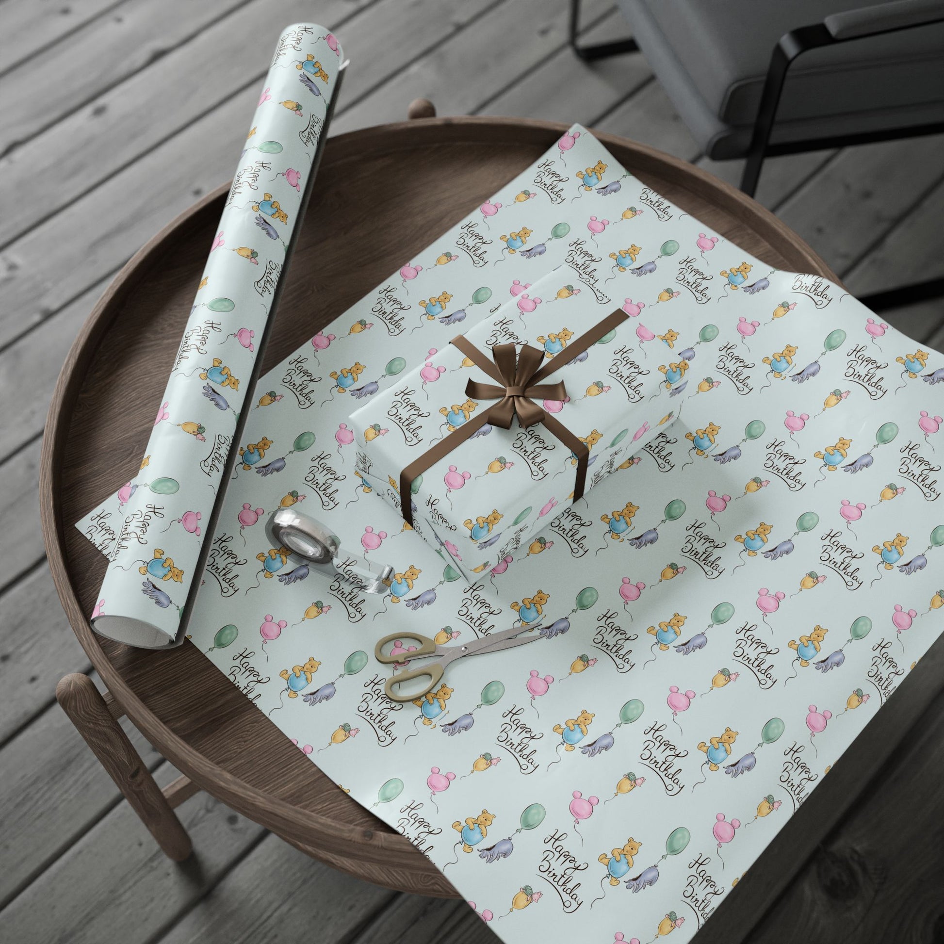 Gift Wrap - Light Blue Classic Winnie the Pooh, Happy Birthday with Pooh, Piglet, and Eeyore on Balloons