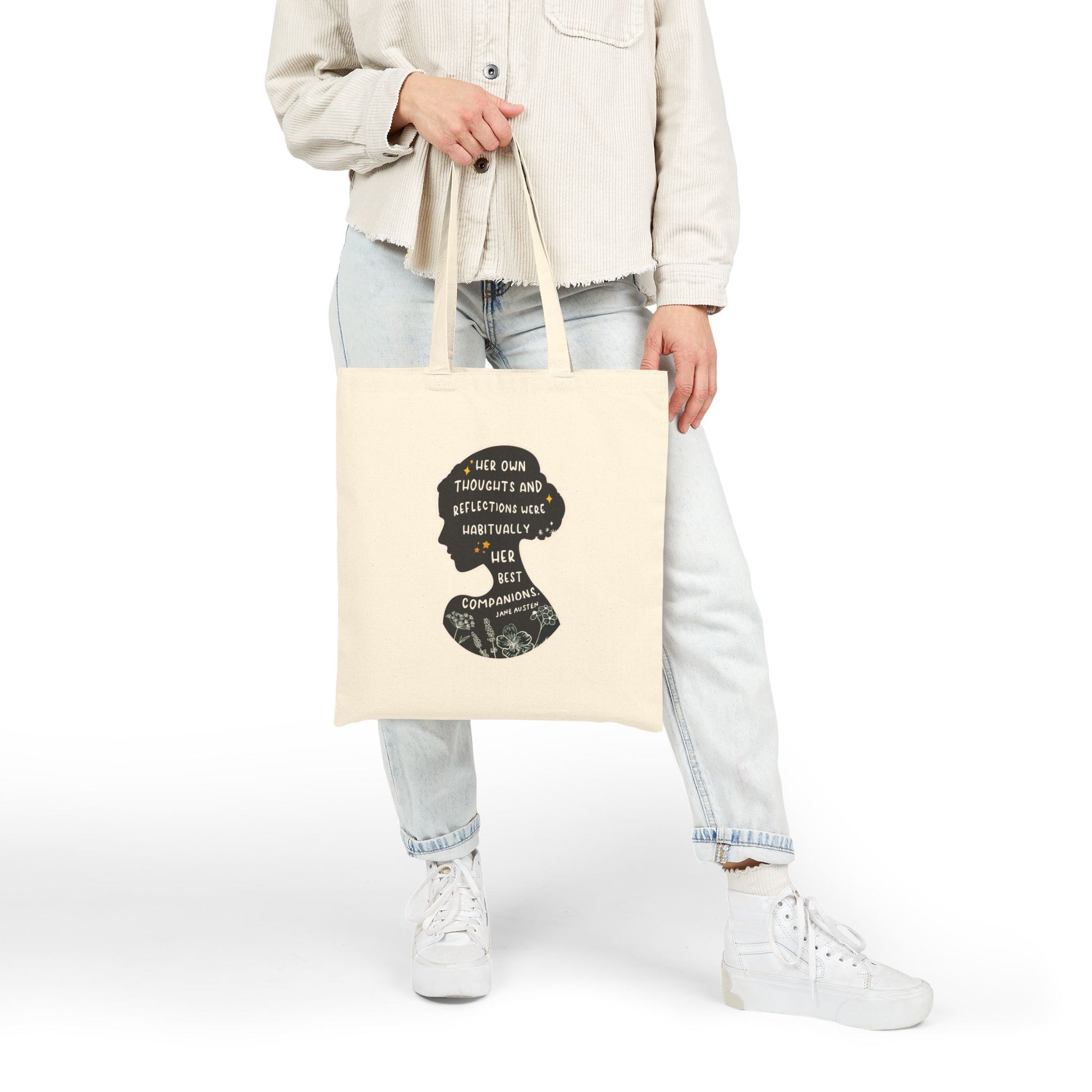 Tote Bag, Jane Austen Silhouette Cotton Canvas Tote Bag - Literary Quote, Book Lovers Gift, Floral Design, Black or Natural Tote, Women's Fashion