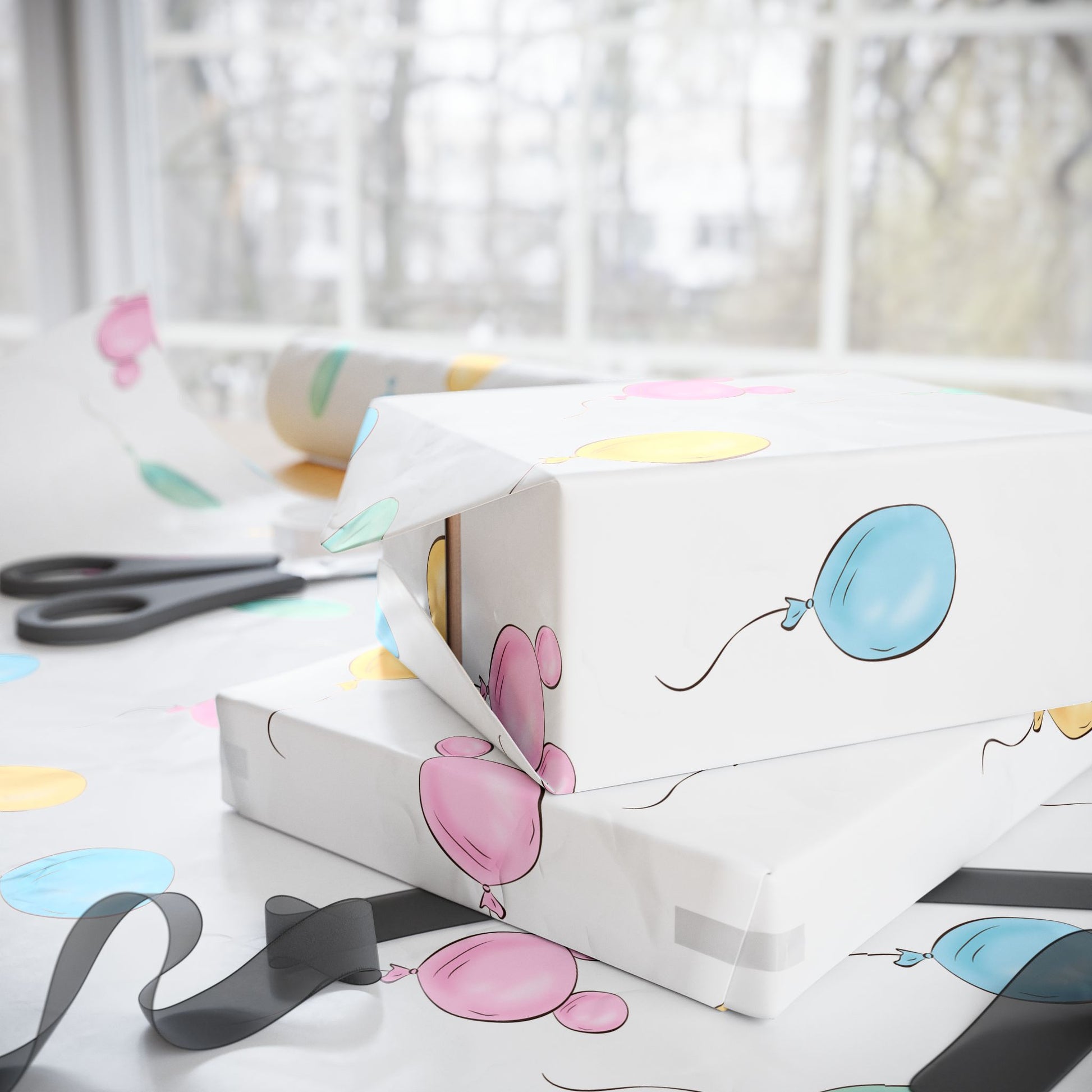 Gift Wrap -  Classic Pooh Pink Ears Blue Green Balloons