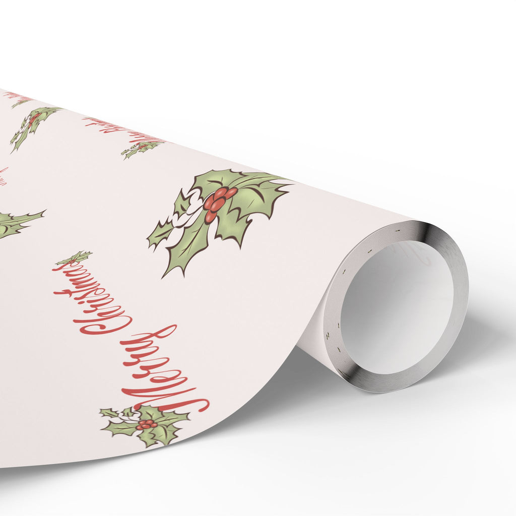 Gift Wrap - Blush Pink Holly Leaf Merry Christmas