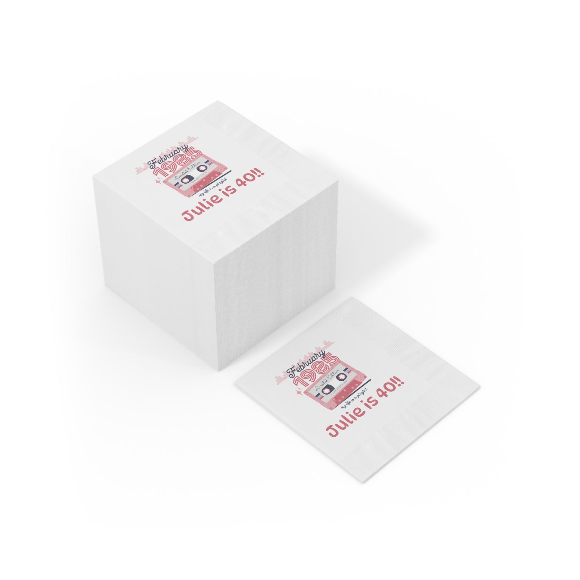 Custom Cocktail Napkin, Personalized Retro Birthday Cassette Tape in Pink and Blue, Birthday, Birth Year and Name, Party, Events napkins