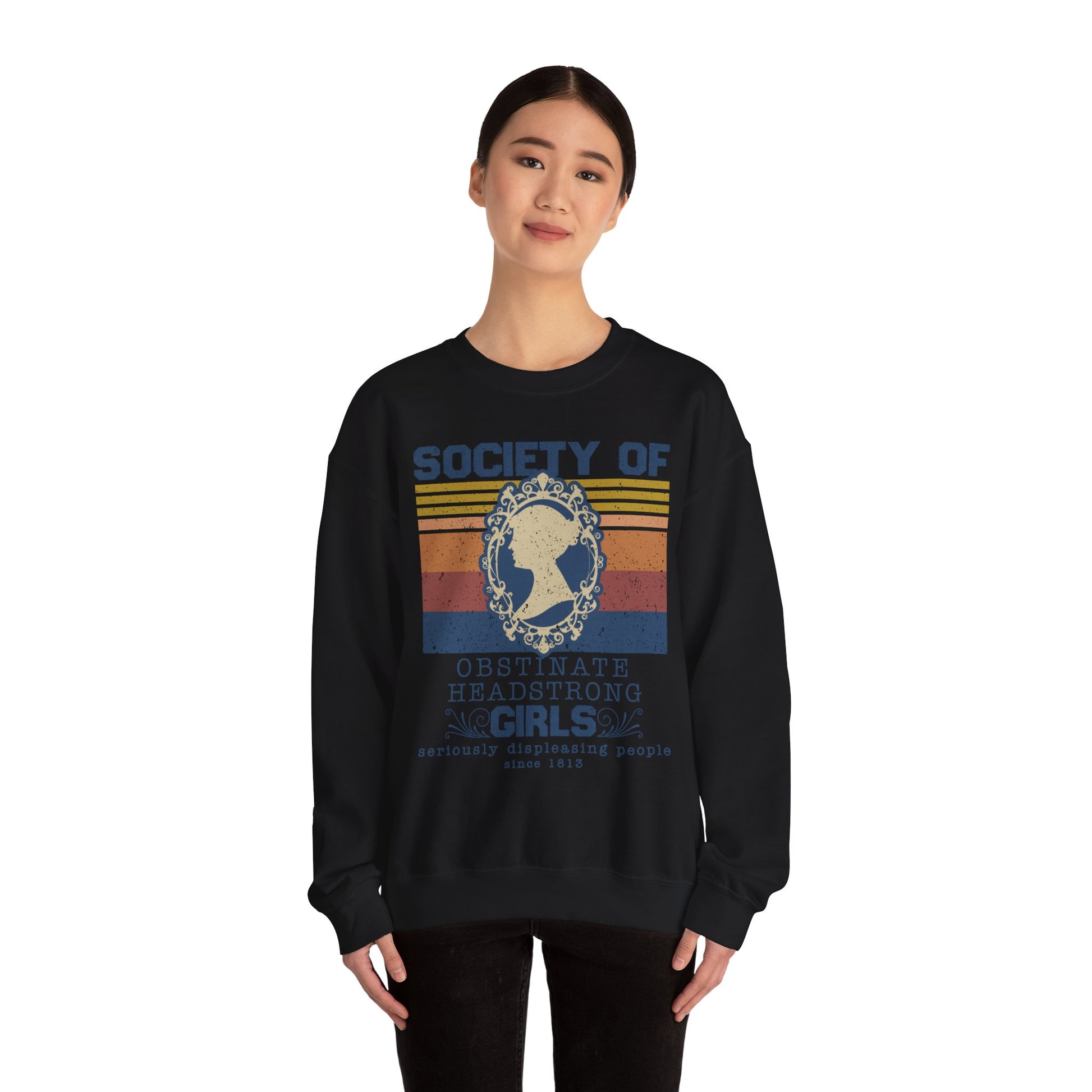 Sweatshirt, Jane Austen Silhouette, Obstinate and Head Strong Girls Crewneck, Gildan 18000, Literary Gift, Author Fan Apparel