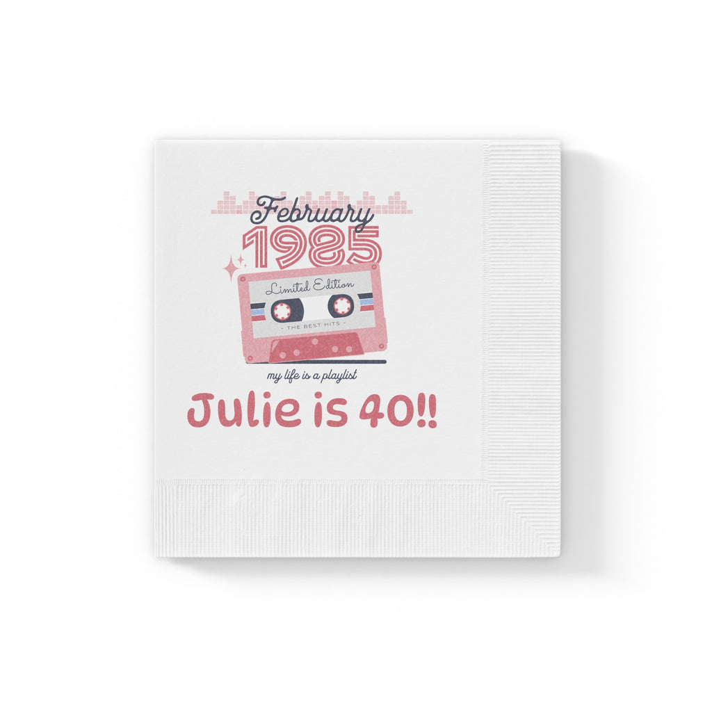 Custom Cocktail Napkin, Personalized Retro Birthday Cassette Tape in Pink and Blue, Birthday, Birth Year and Name, Party, Events napkins