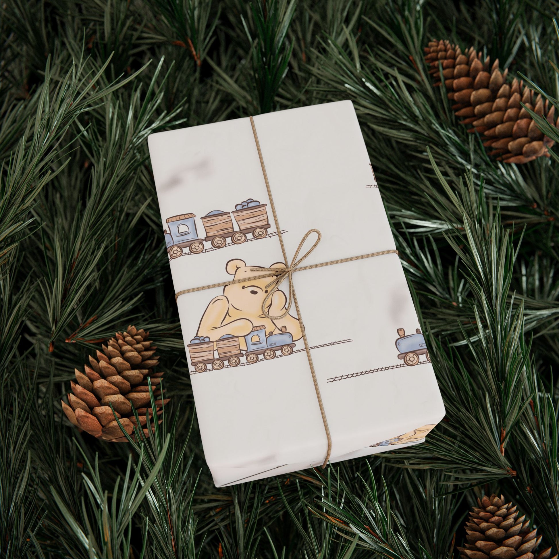Gift Wrap - Cream Classic Winnie the Pooh playing with a train set