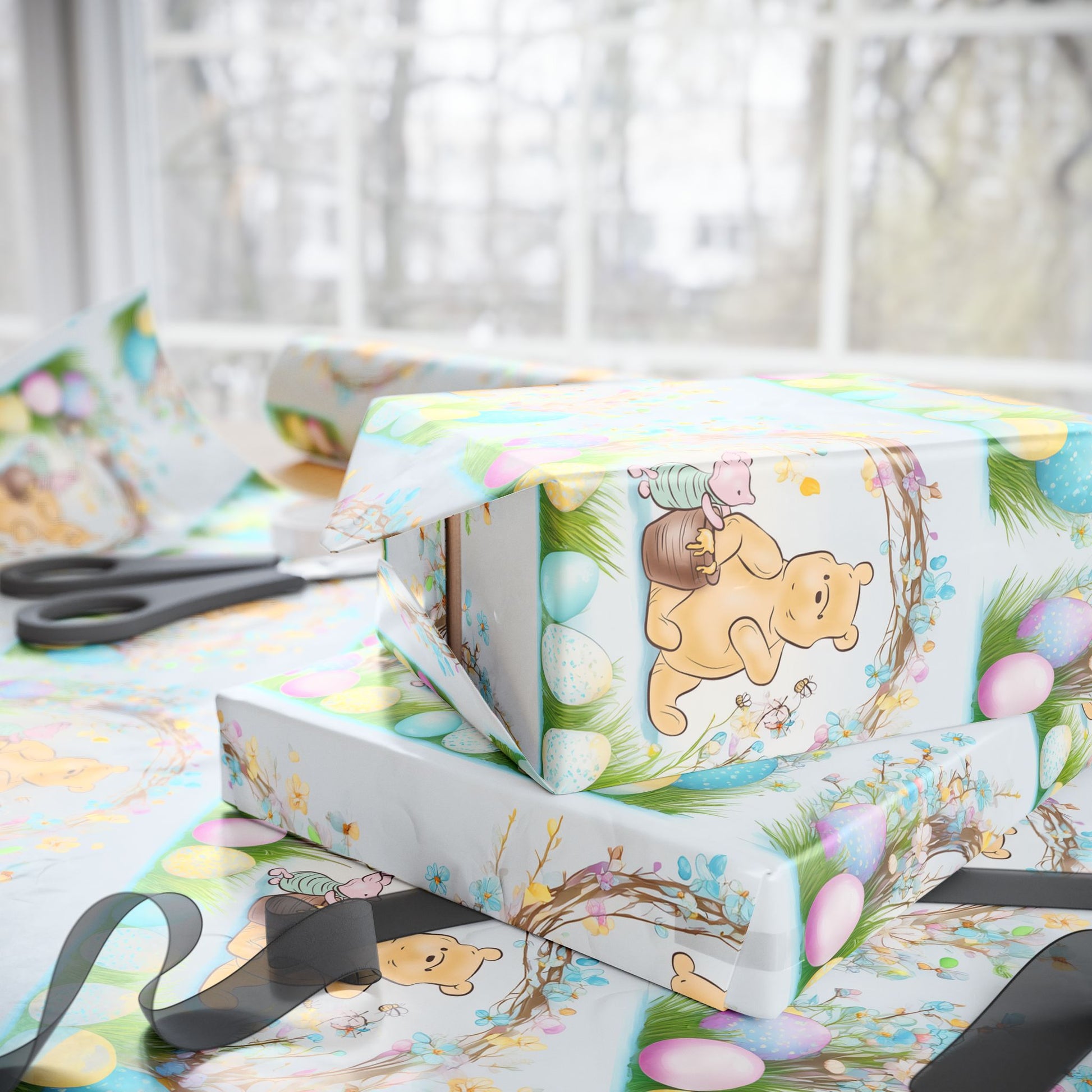 Gift Wrap, Classic Winnie the Pooh Wrapping Papers for Easter, Blue Pooh and Piglet Design, Holiday Present Packaging, Party, Festive