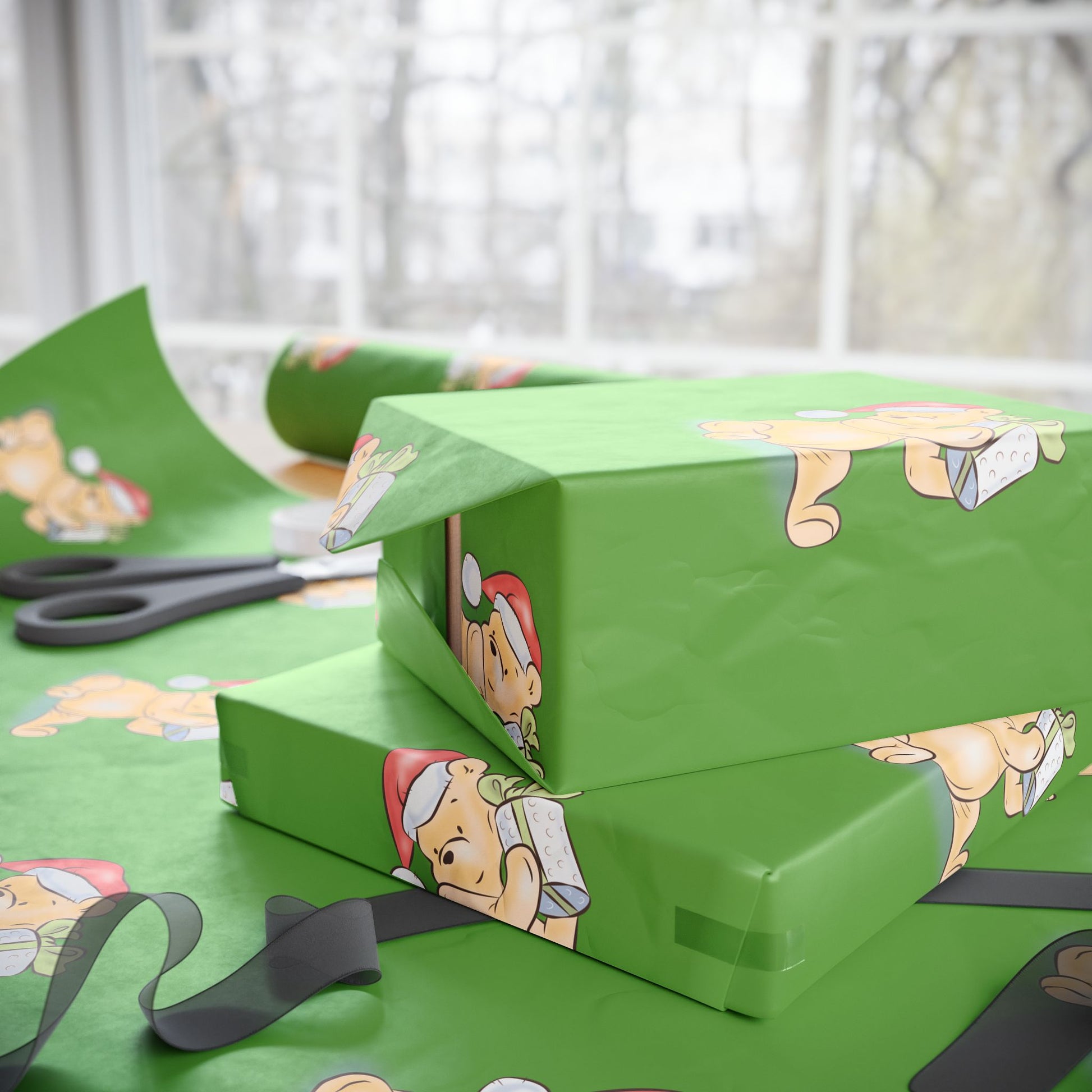 Gift Wrap - Green Classic Winnie the Pooh Watercolor Wrapping Paper, Pooh Holding a Present