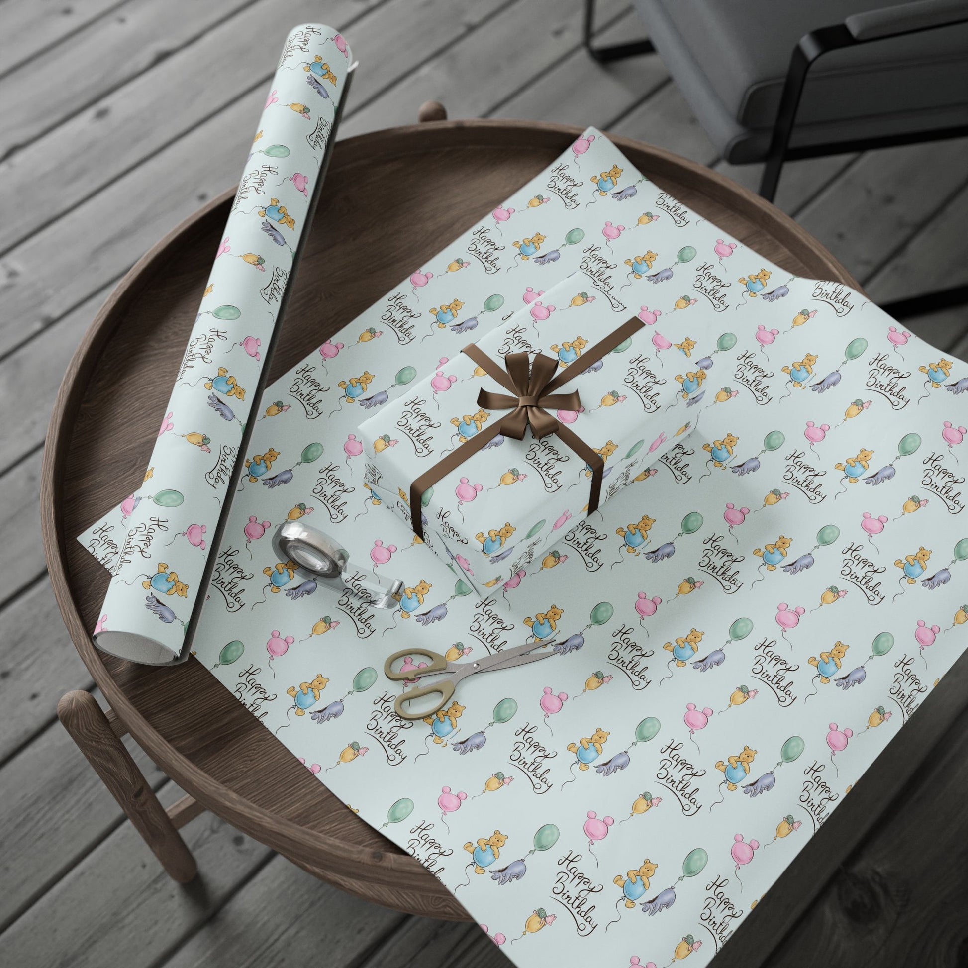 Gift Wrap - Light Blue Classic Winnie the Pooh, Happy Birthday with Pooh, Piglet, and Eeyore on Balloons