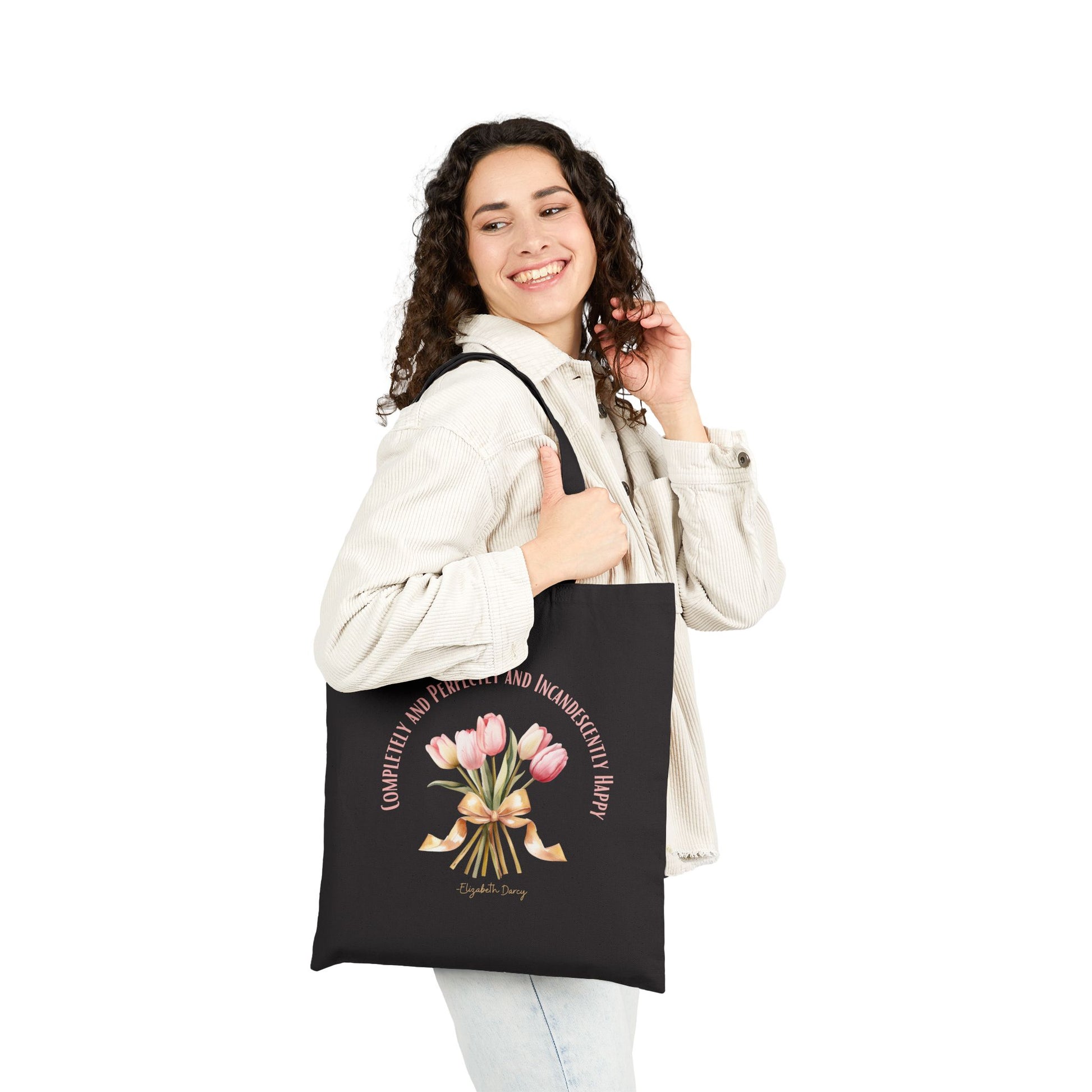 Tote Bag, Literary Quote Canvas Tote Bag, Pride and Prejudice Book Bag, Elizabeth Bennet, Pink Tulip Bouquet, Gold Ribbon, Shopping Bag, Reusable