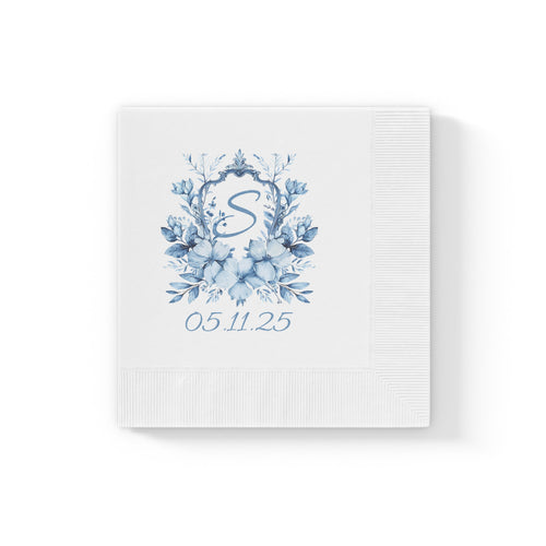 Custom Cocktail Napkin, Ice Blue Crest Personalized with Initial and Date, Wedding Party, Bachelorette, Bridal,  Engagement Shower, Party