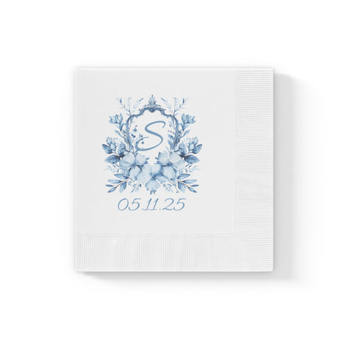 Custom Cocktail Napkin, Ice Blue Crest Personalized with Initial and Date, Wedding Party, Bachelorette, Bridal,  Engagement Shower, Party