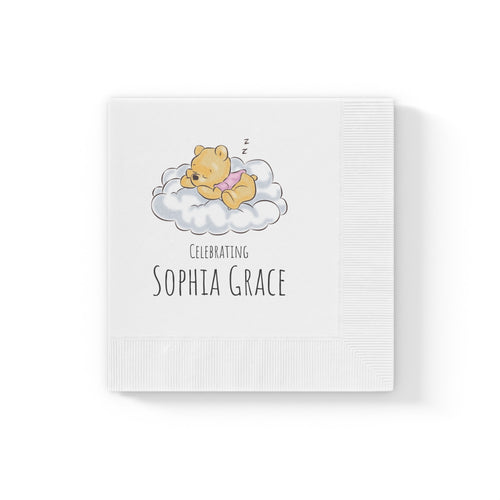 Custom Cocktail Napkins, Classic Winnie the Pooh Baby Personalized Custom, Announcement Birthday Baby Shower, White Coined, Name of Baby